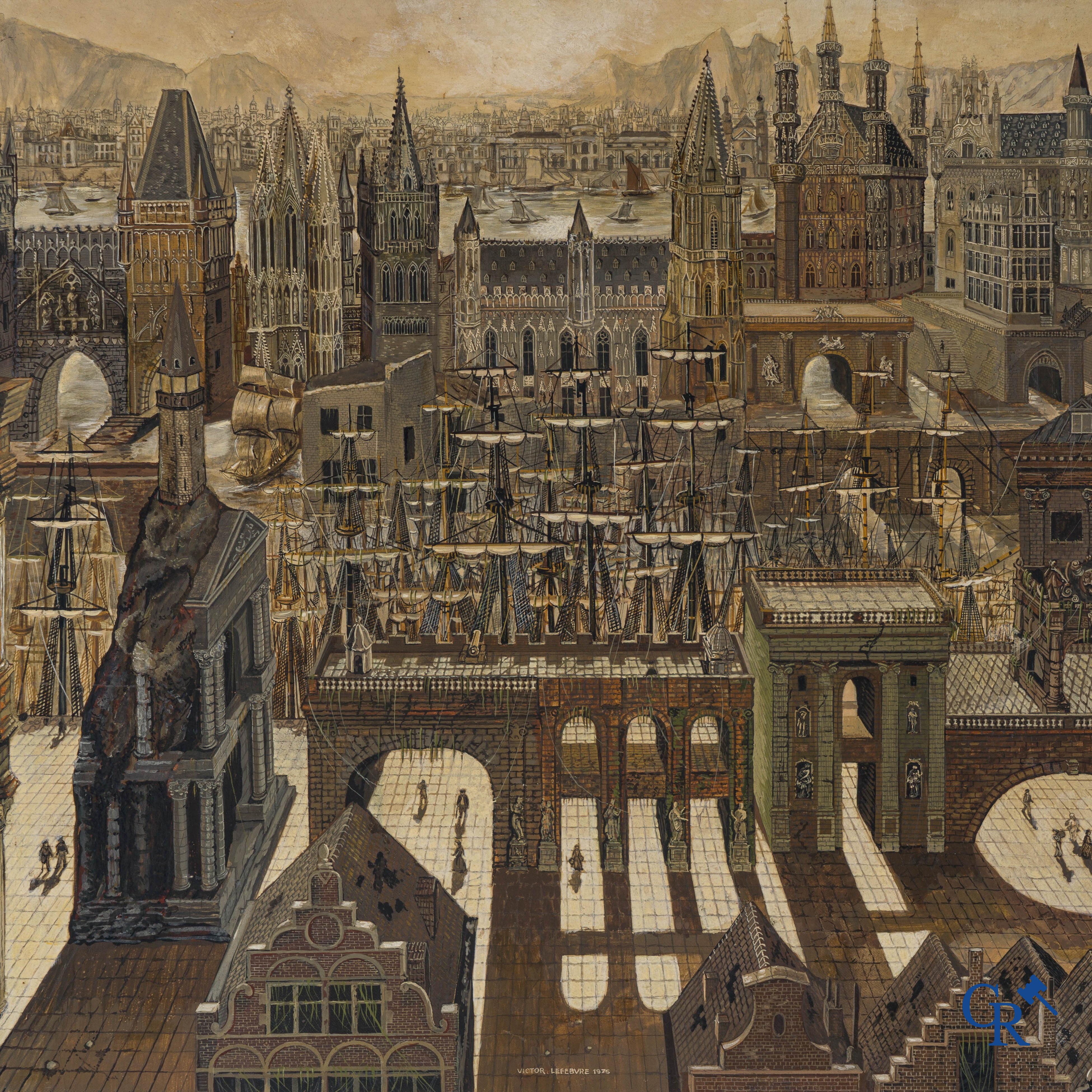 Victor Lefebvre (1912-1998) View with different architectural elements, architectural styles and boat masts. 1975.