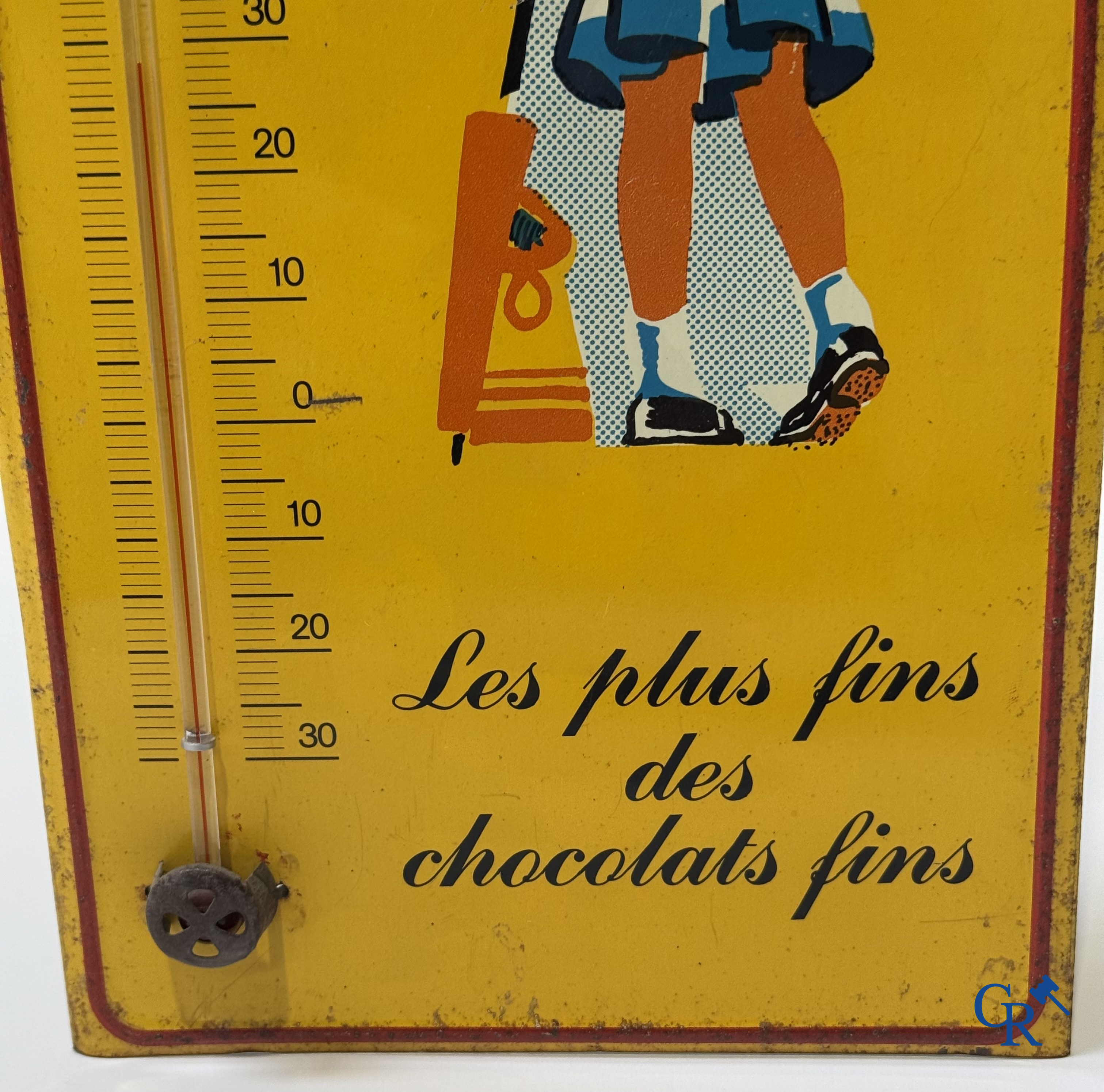 Menier, "Les plus fins des chocolats fins" publiciteits thermometer gedrukt op metaal. Waarschijnlijk 60'er jaren.