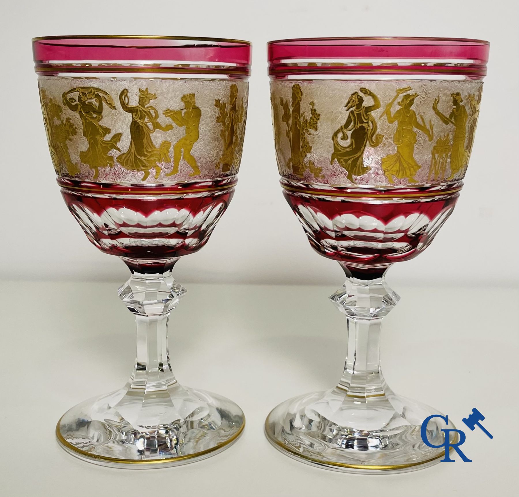 Val Saint Lambert: 6 verres à eau Metternich, 2 verres à eau rose Danse de flore et un vase Art Déco.