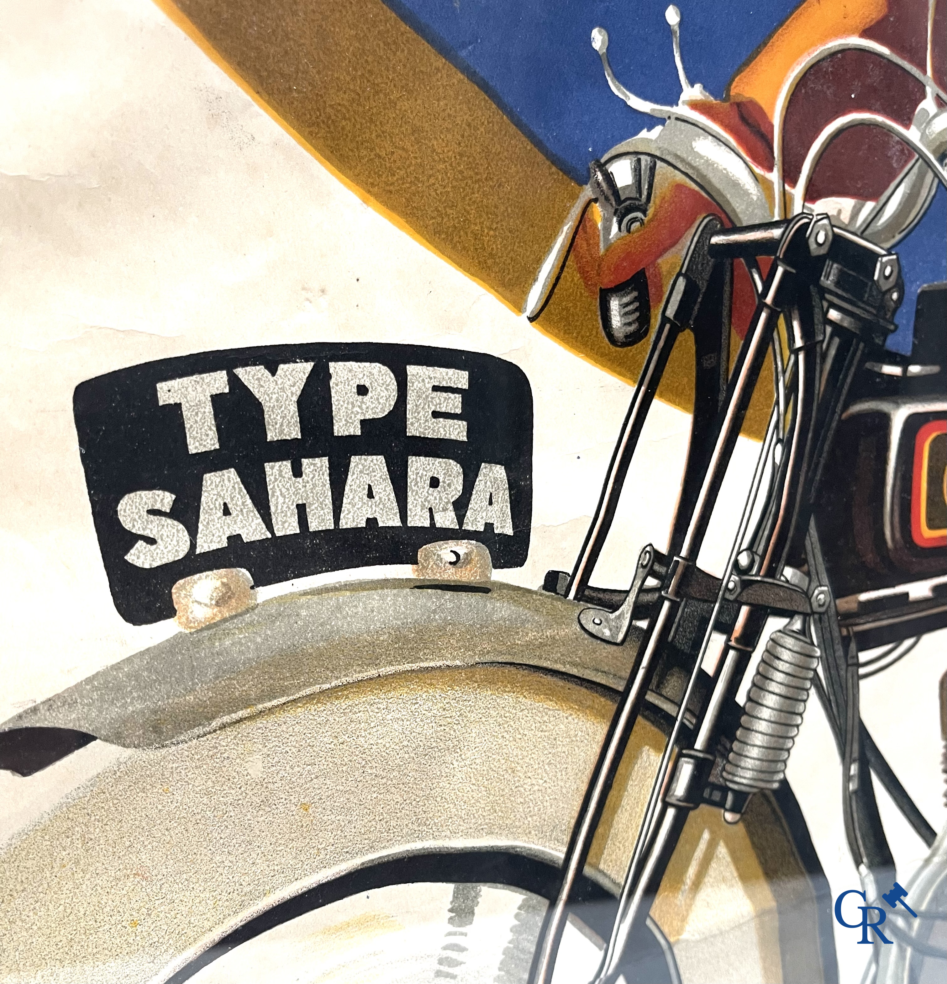 FN Motorfabriek Herstal, Zeldzame en originele publiciteitsaffiche voor de FN motorfiets type Sahara. Circa 1930.