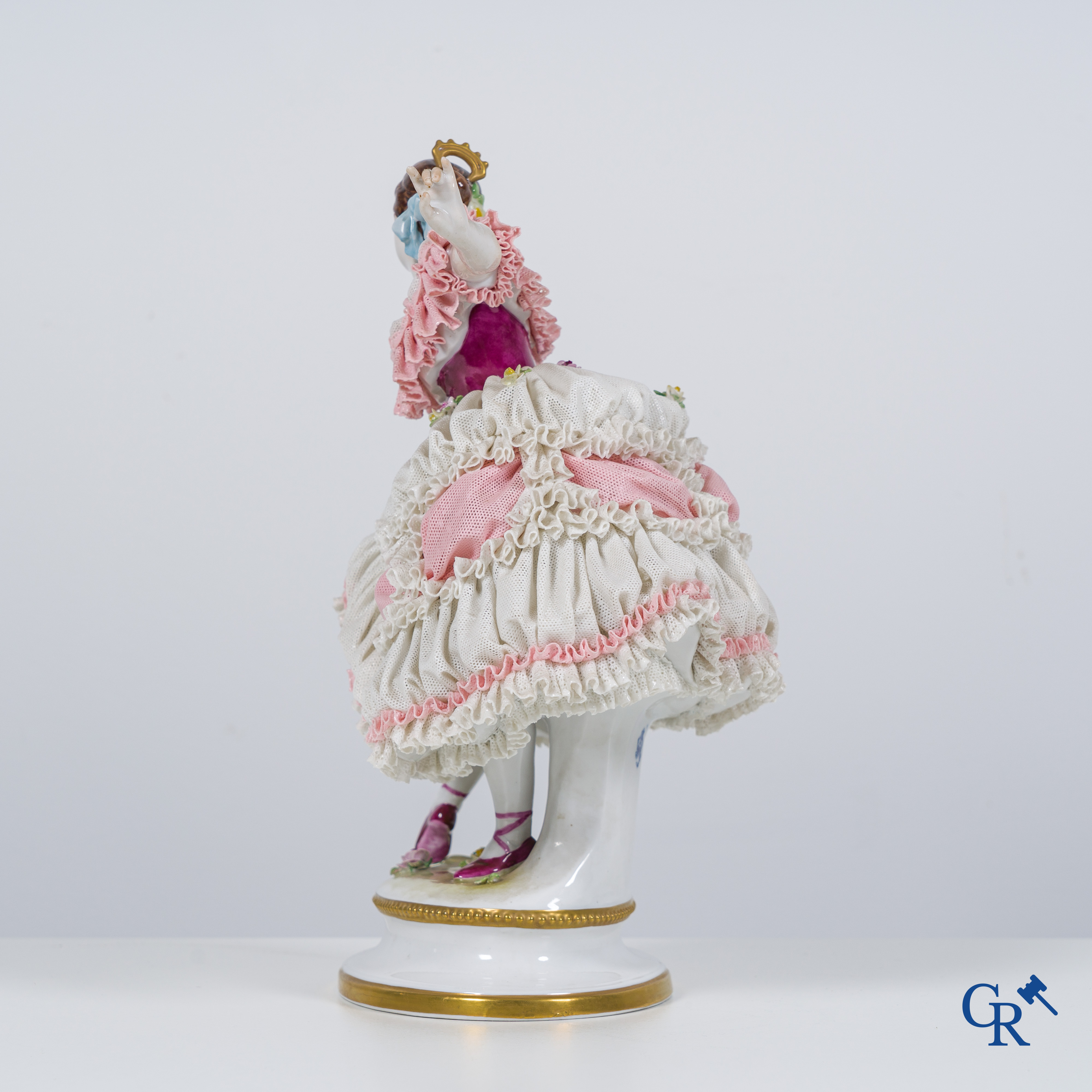 Volkstedt Rudolstadt: Large performance of a dancer in Art Deco style. Lace porcelain. Marked.