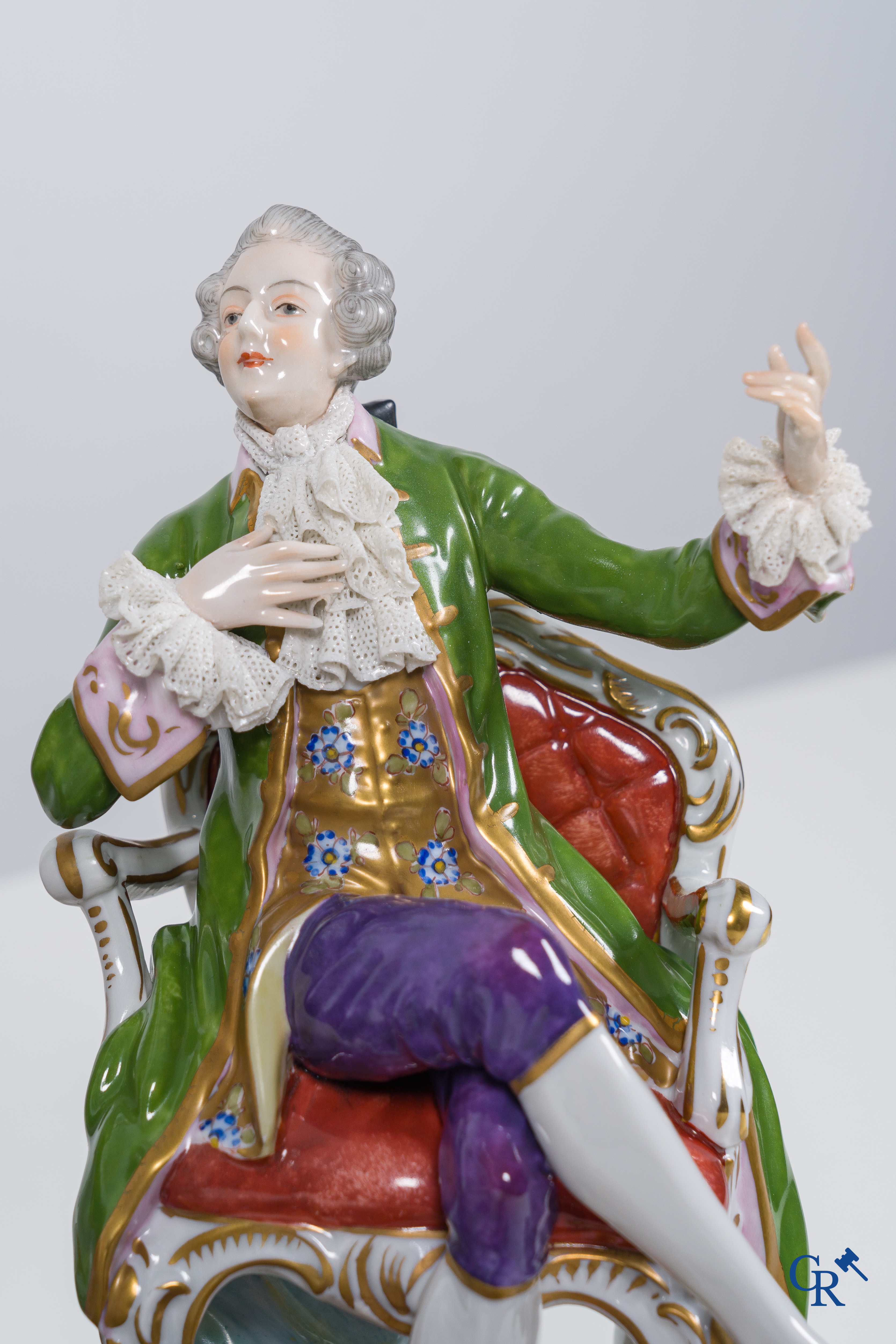 Volkstedt Rudolstadt, Large group in lace porcelain, harp playing lady in a richly decorated interior. Marked.