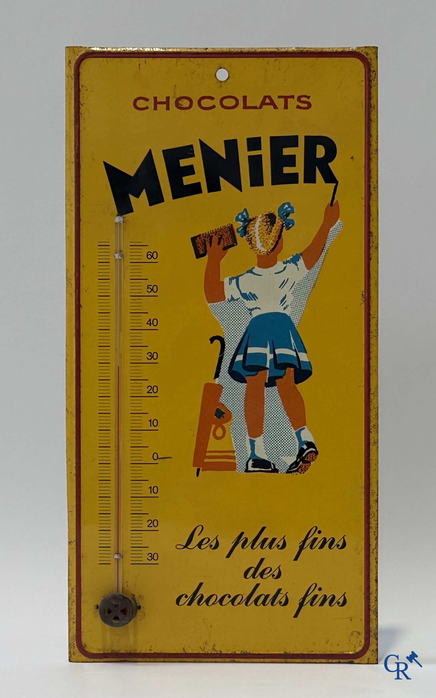 Menier, "Les plus fins des chocolats fins" publiciteits thermometer gedrukt op metaal. Waarschijnlijk 60'er jaren.