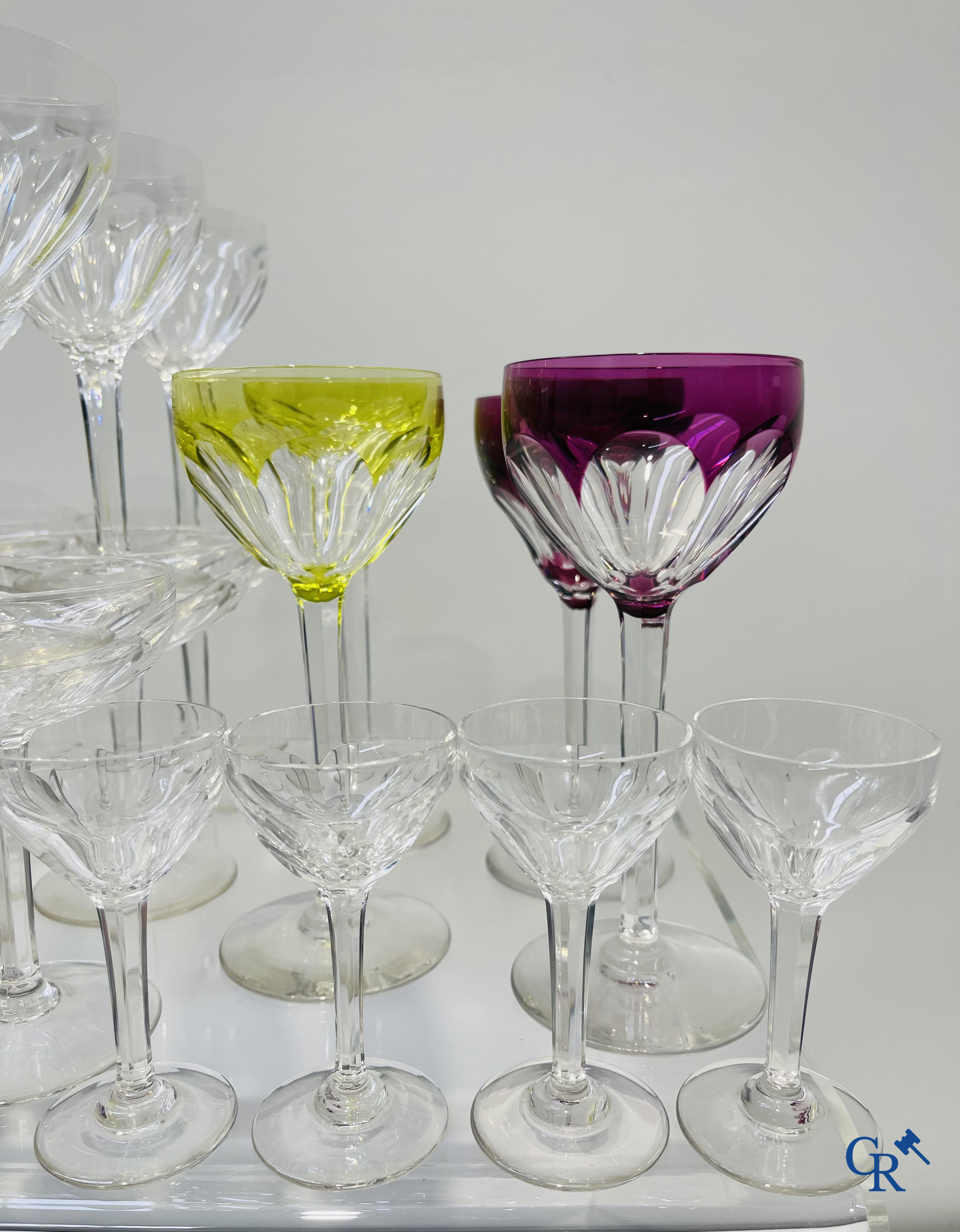 Val Saint Lambert. Large lot of glasses in crystal, 2 carafes and 6 cups added.