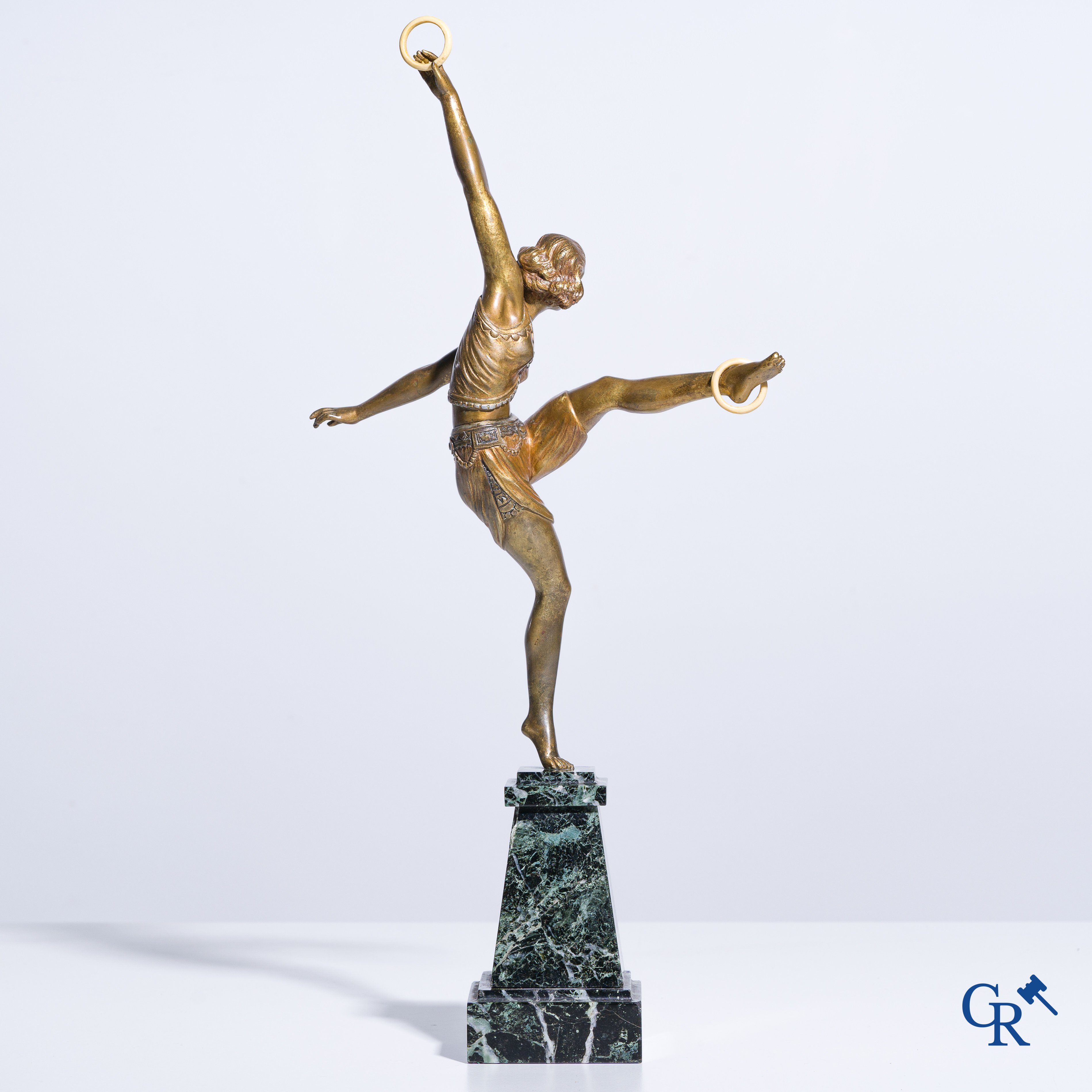 Art deco, a dancer in bronze on a marble pedestal. Circa 1930. Illegibly signed.