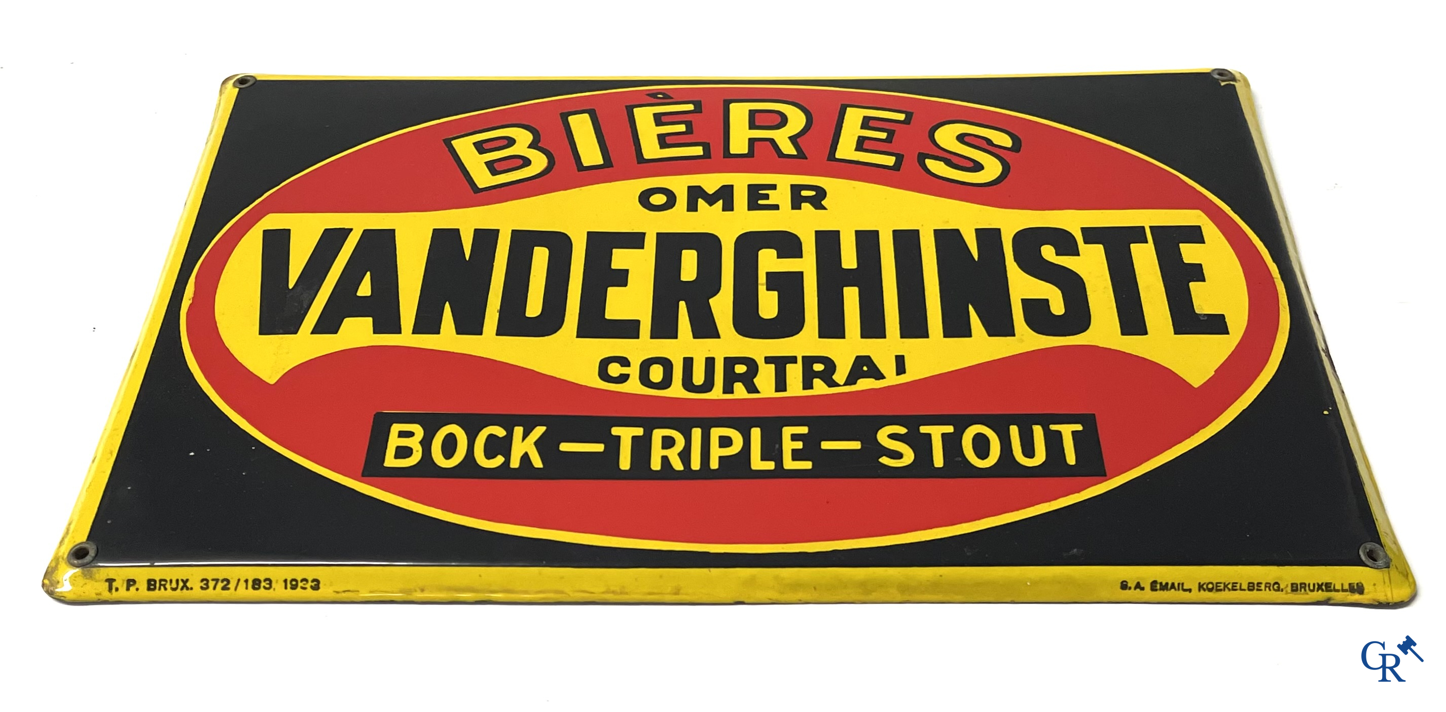 Plaque emaillée publicitaire pour les bières d'Omer Vanderghinste à Courtrai. Bock-Triple-Stout. Emaillerie Koekelberg 1933.