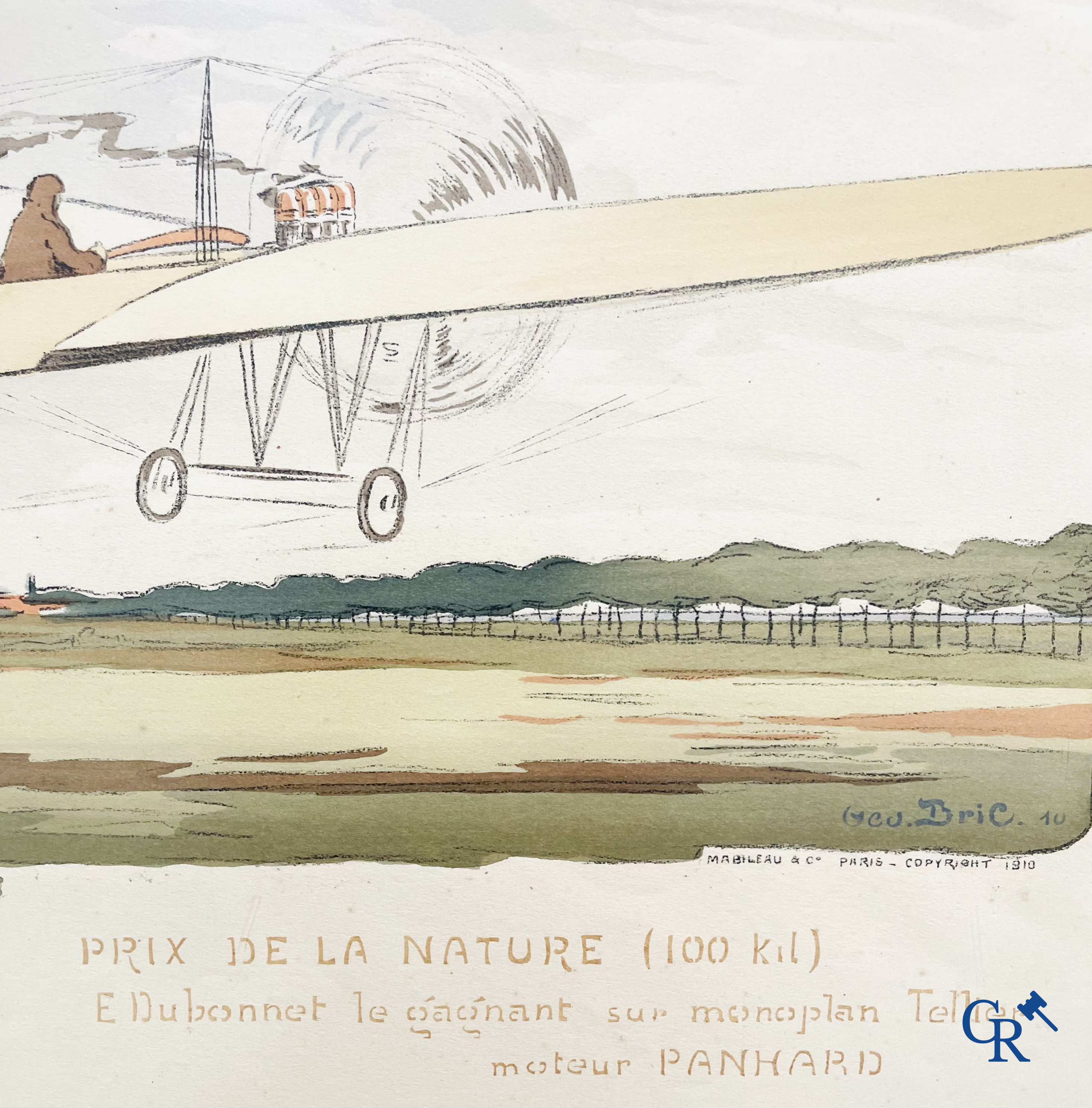 Georges Geo-Bric, Kleuren lithografie. Emile Dubonnet, le gagnant sur monoplan Tellier. Mabileau Paris 1910.