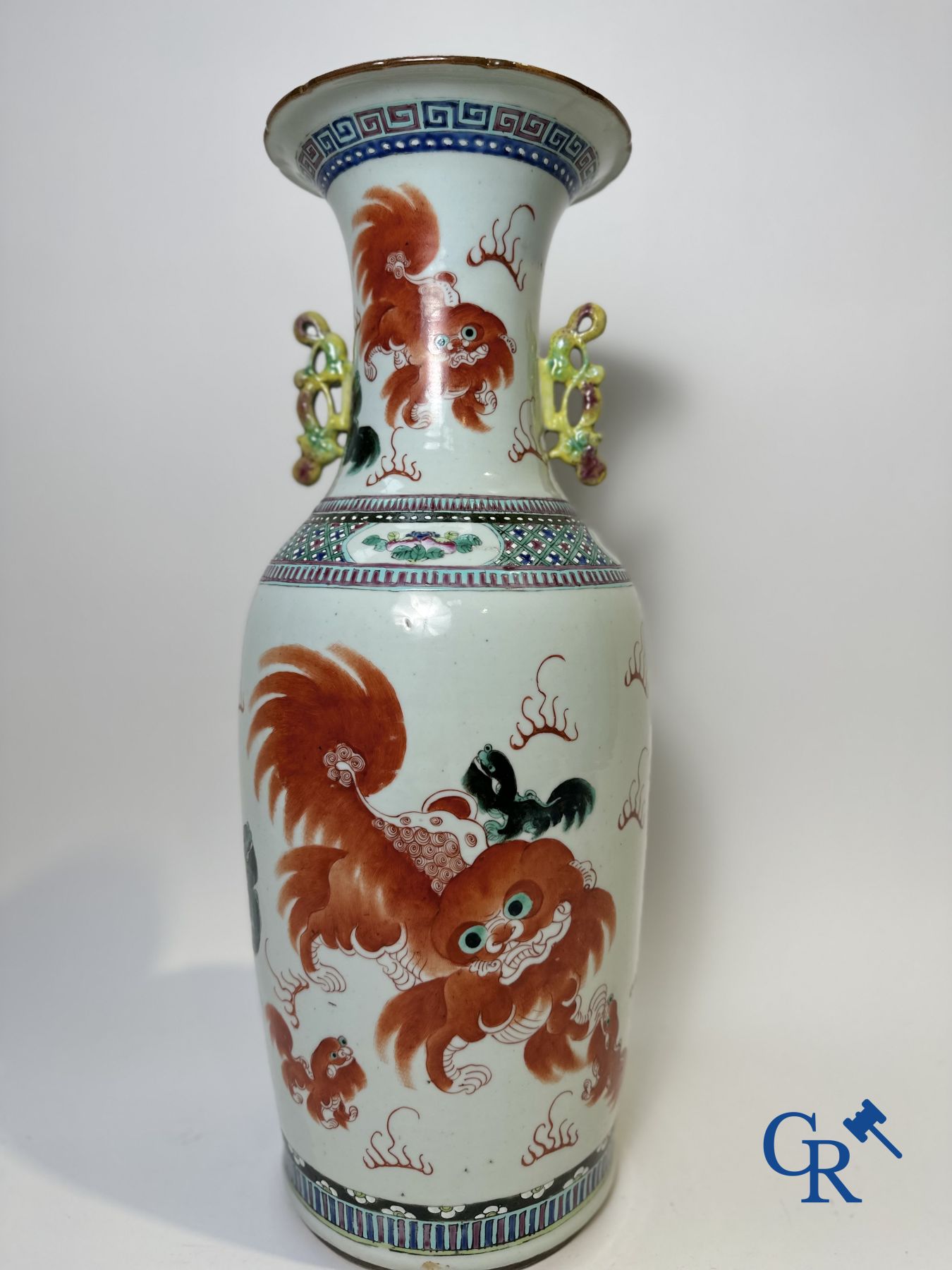 Chinese porcelain: A Chinese famille rose vase with a decor of Buddhist lions, phoenixes, birds and peonies.