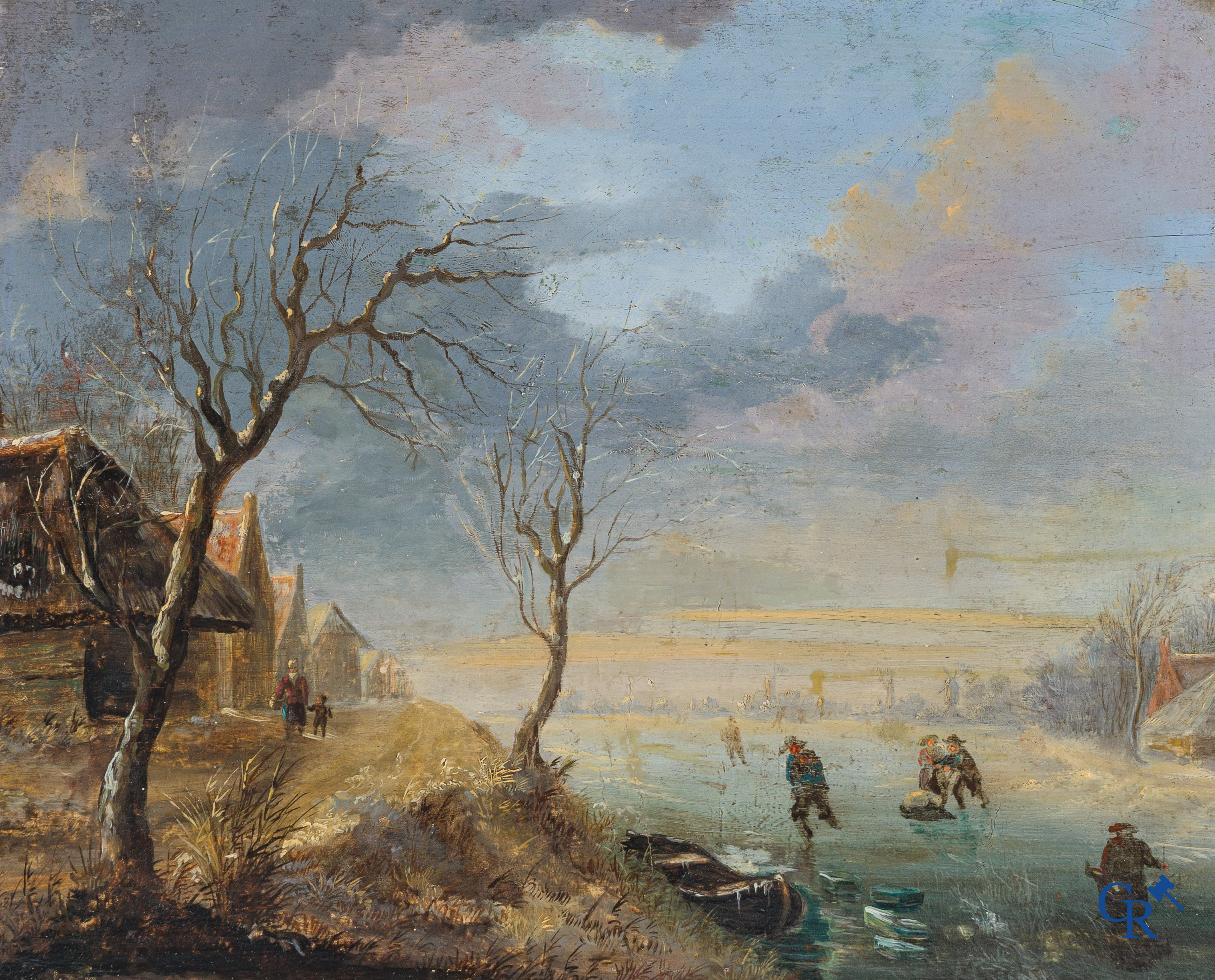 Peinture, Paysage d'hiver avec des patineurs. Huile sur panneau. Avec un cachet de cire et numéro d'inventaire au dos.