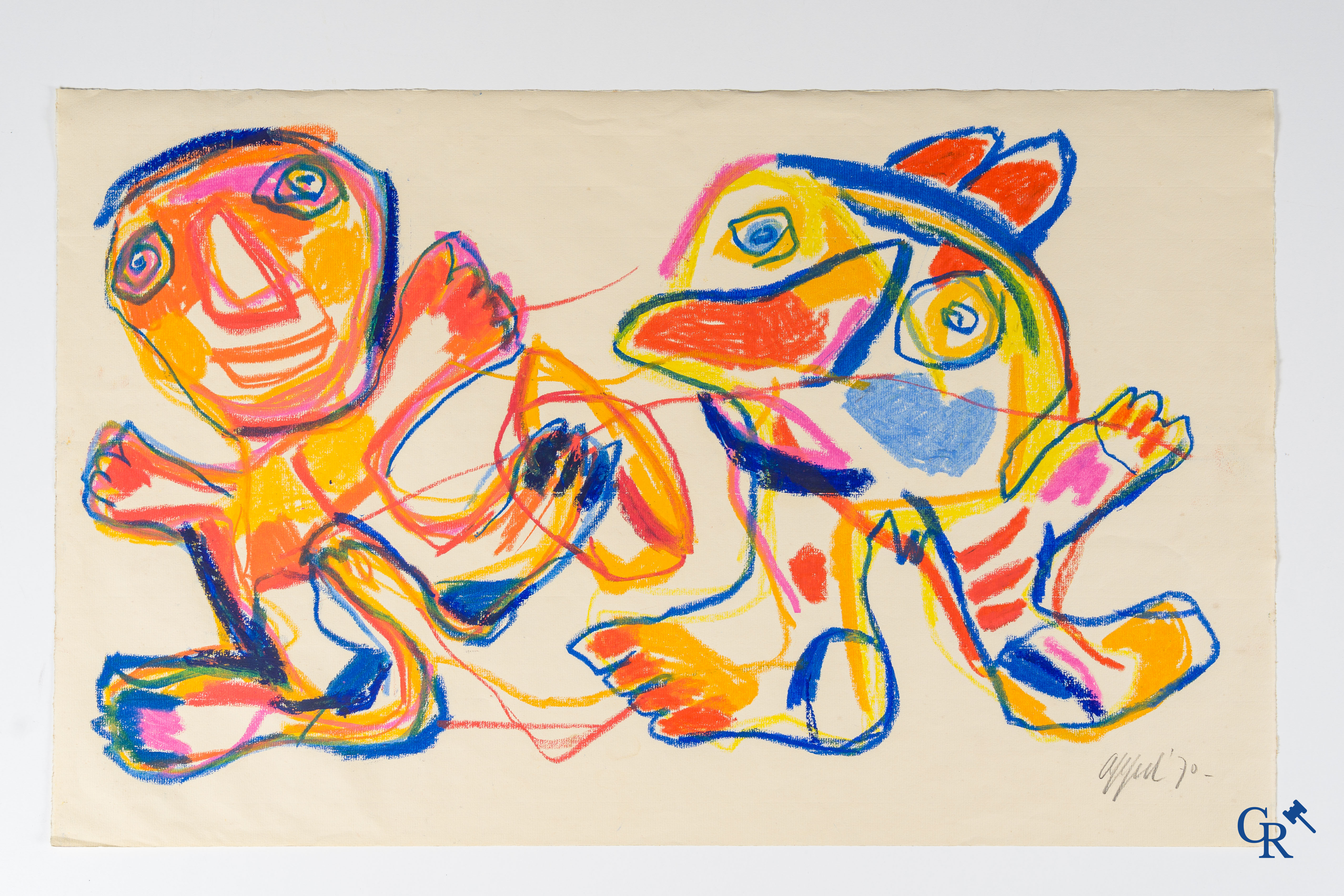 Karel Appel (1921-2006)(*) 2 Figuren. Wasco (waskrijt) op papier. Gesigneerd rechtsonder Appel'70.