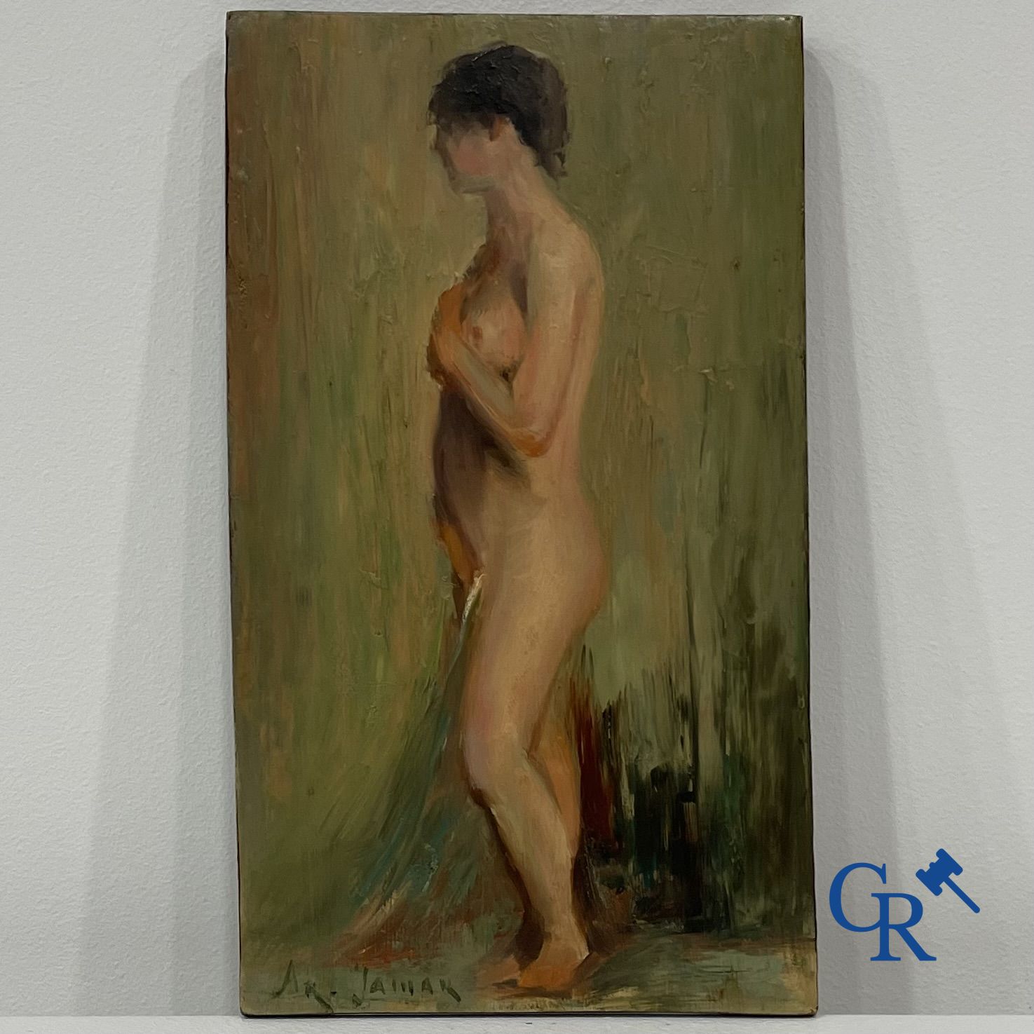 Armand Jamar: Etude d'une femme debout nue. Huile sur panneau.