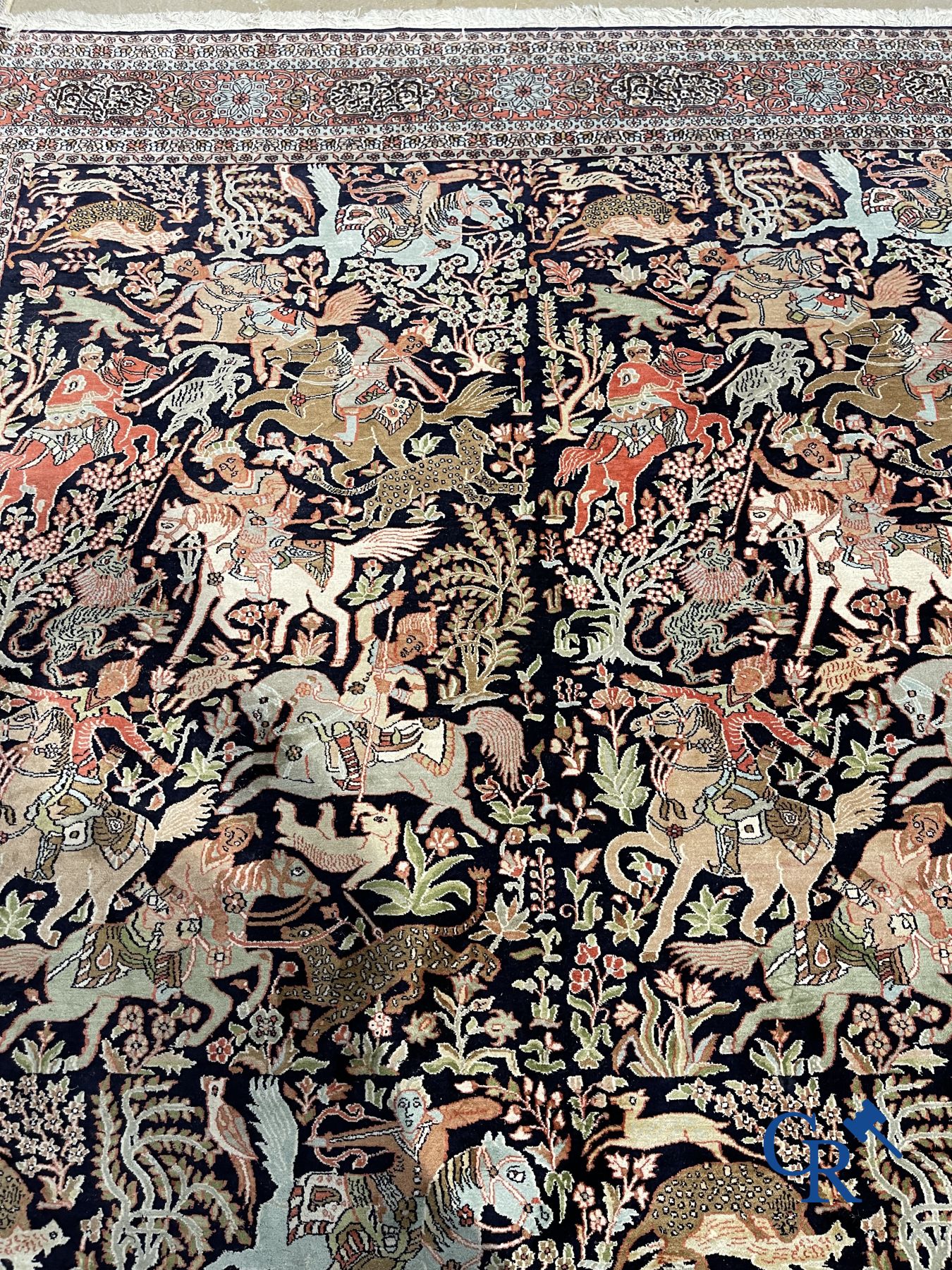 Carpets: Ghoum: Large silk carpet with hunting scenes. Wool and silk.