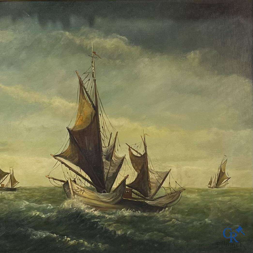 Gustave Helinck (1884-1954) Groot marineschilderij in een rijkelijk bewerkte kader.