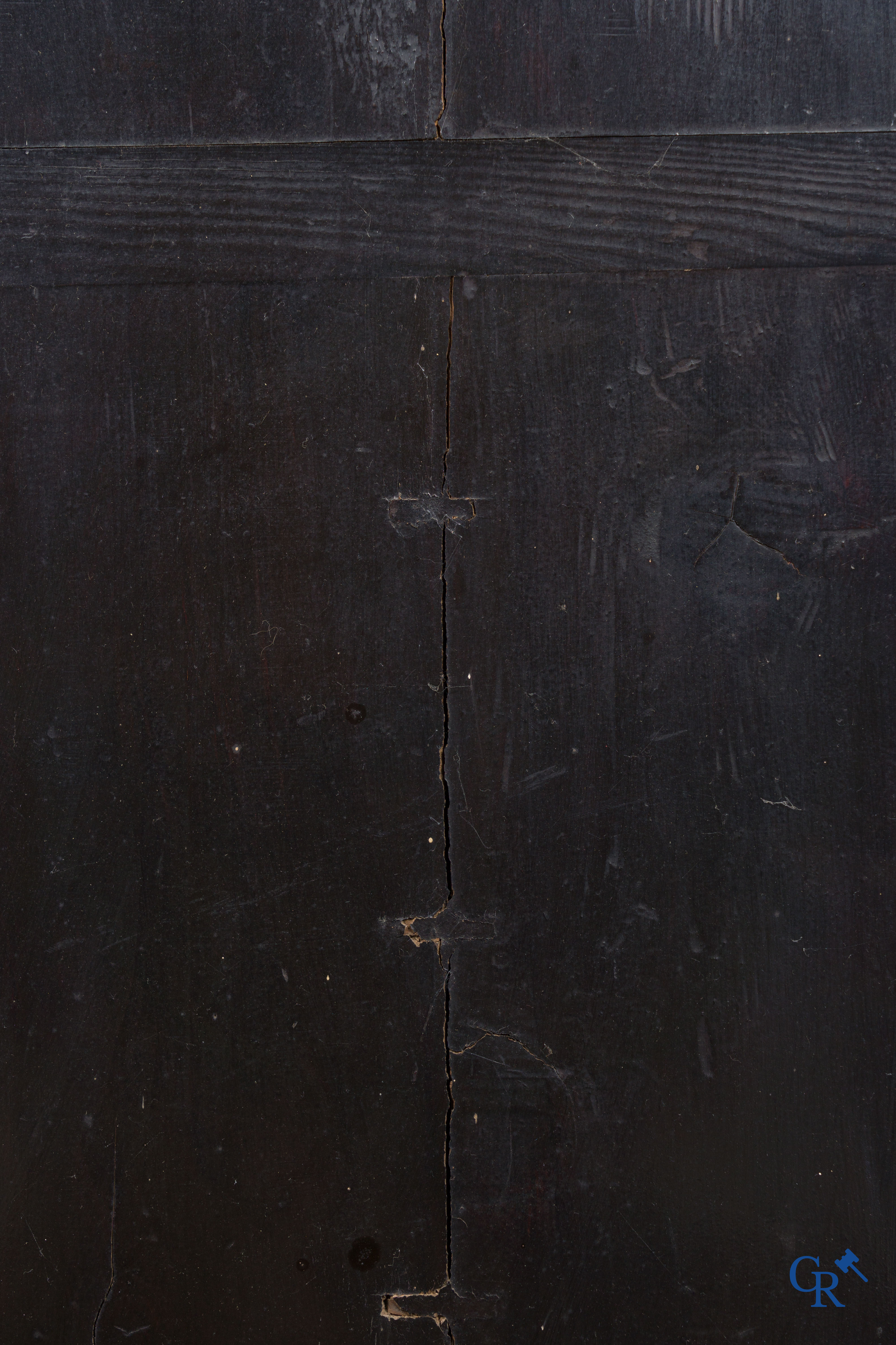 Aziatica, een groot houten paneel met lakwerk en inlegwerk. Bloemen en vlinder decor. 19e eeuw.