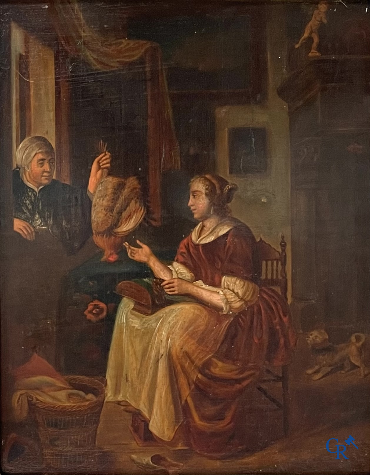 École flamande, scène d'intérieur avec un éleveur de poulet, huile sur métal.