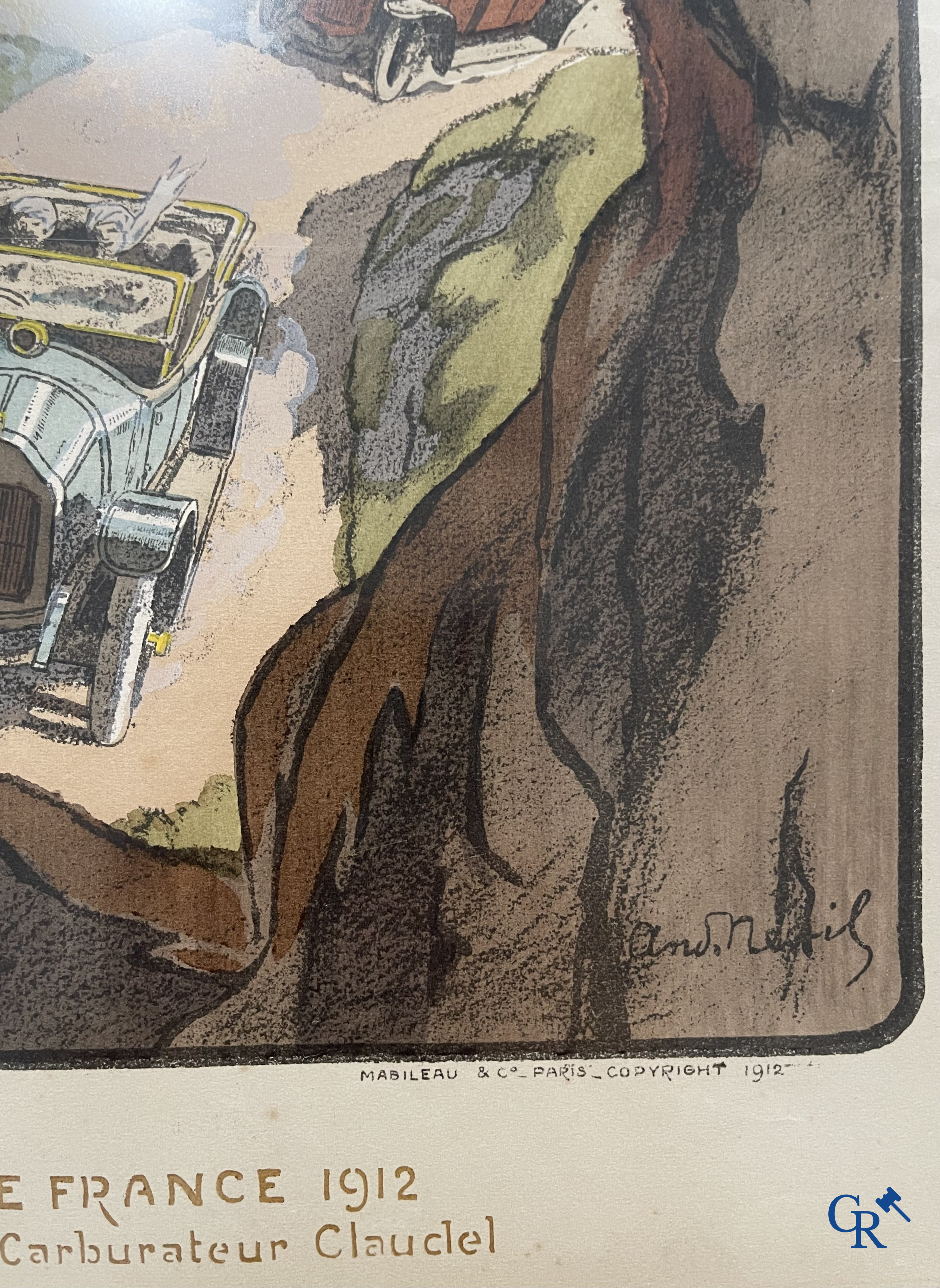 André Nevil, L'équipe "La Licorne" dans le Tour De France 1912. Kleuren lithografie. Mabileau & Comp. Paris 1912.