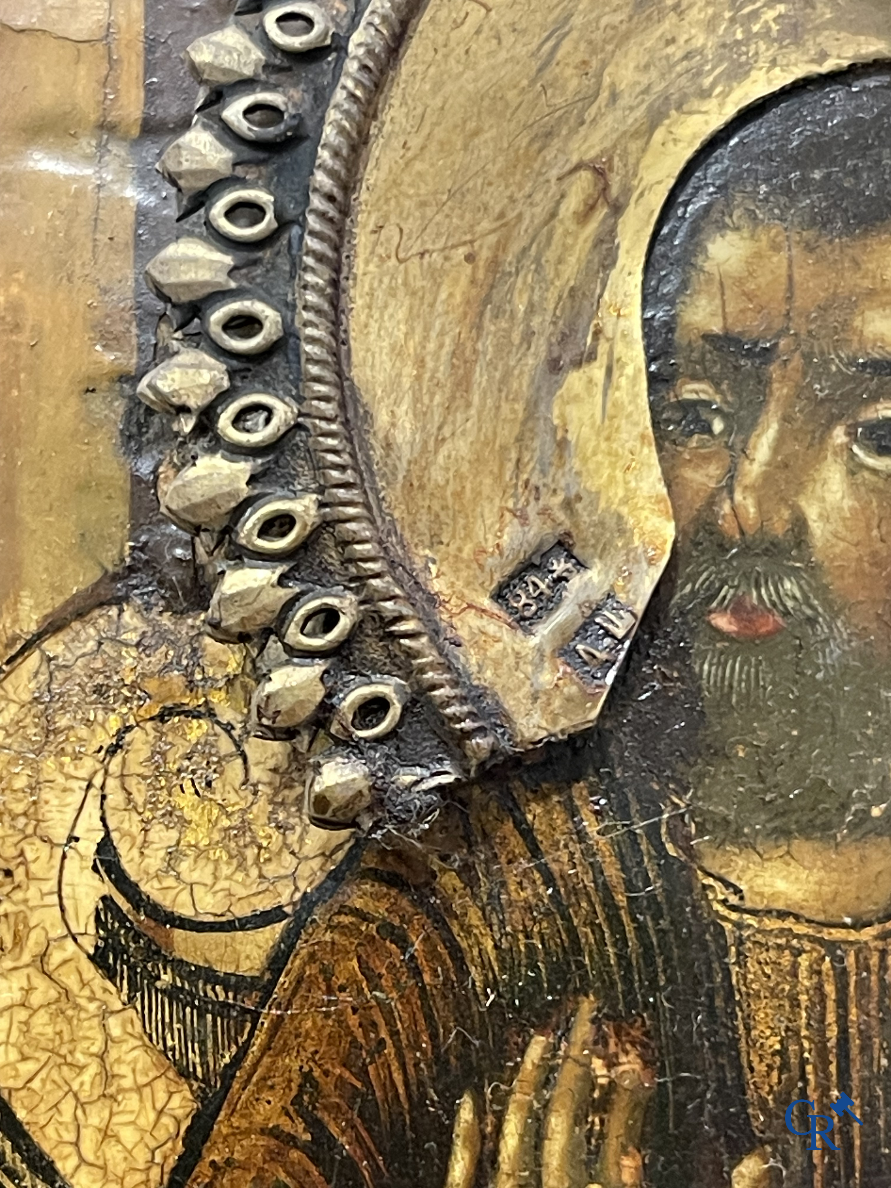 Russisch werk. De geboorte van Jezus. Grote Russische icoon met zilver oklad. Zilvergehalte 84 en gedateerd 1883.