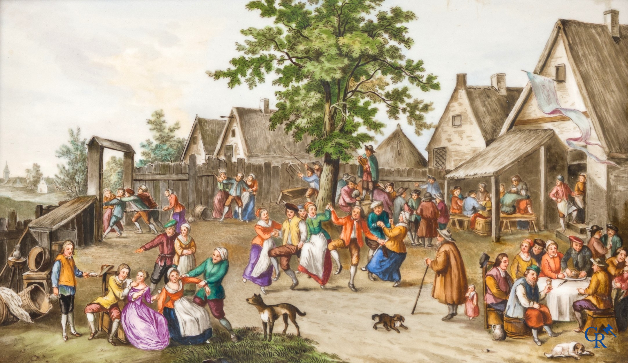 Teniers (d'après). Une paire de peintures sur porcelaine avec des scènes typiques de villages ruraux. Signé Teniers.