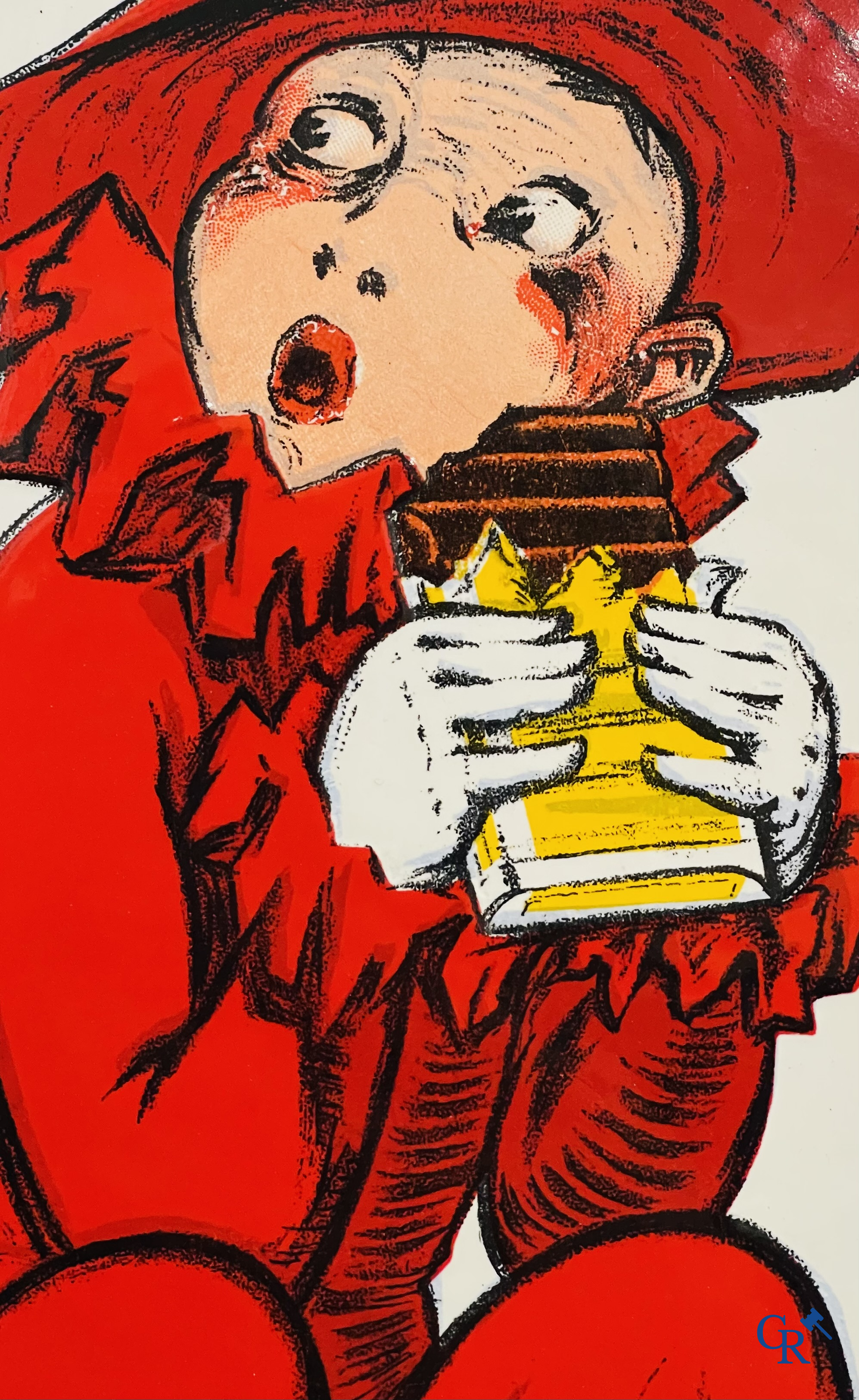 Chocolat Pupier, emaille reclamebord geïllustreerd met het personage ontworpen door Jean D'Ylen. Circa 1930.