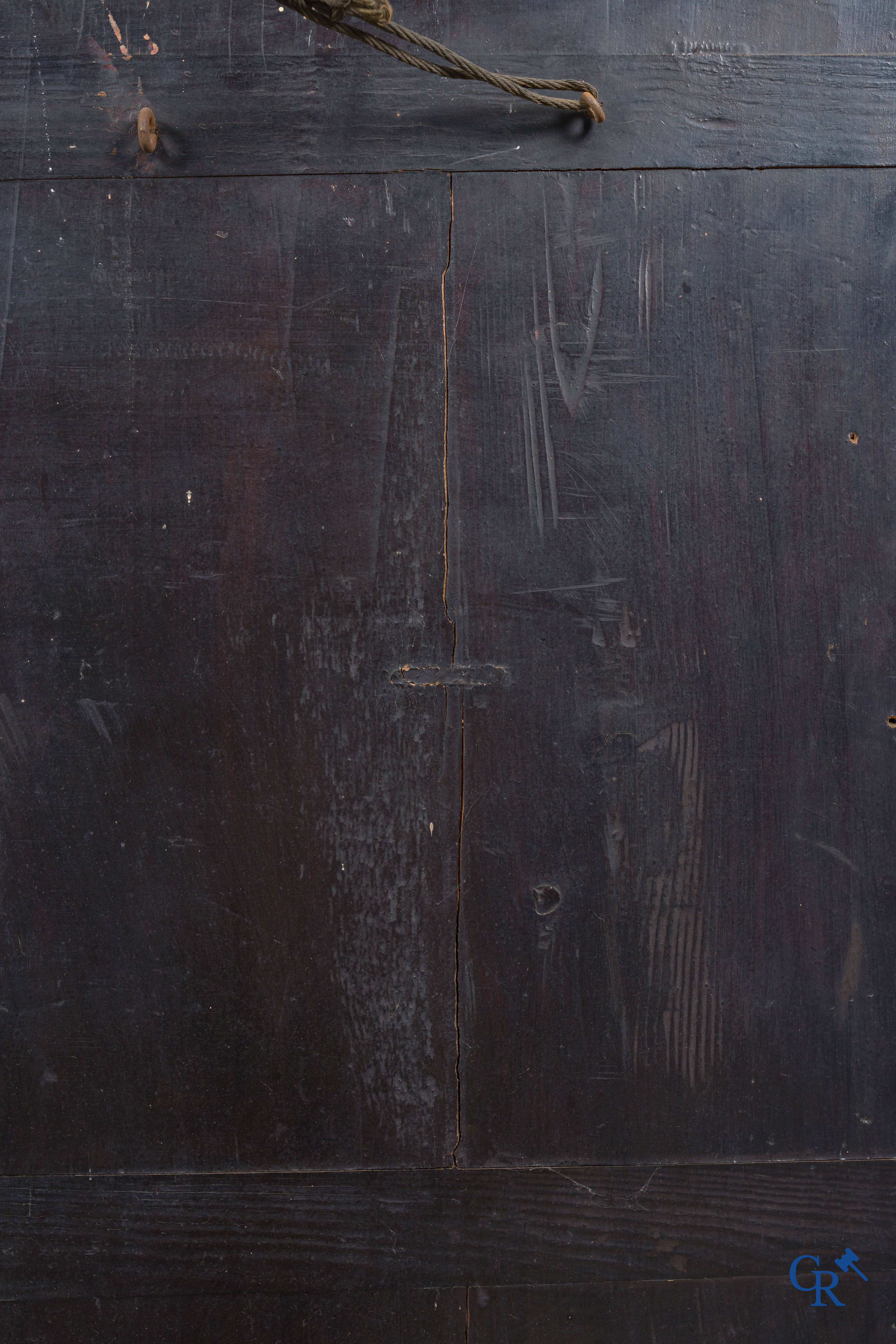 Aziatica, een groot houten paneel met lakwerk en inlegwerk. Bloemen en vlinder decor. 19e eeuw.