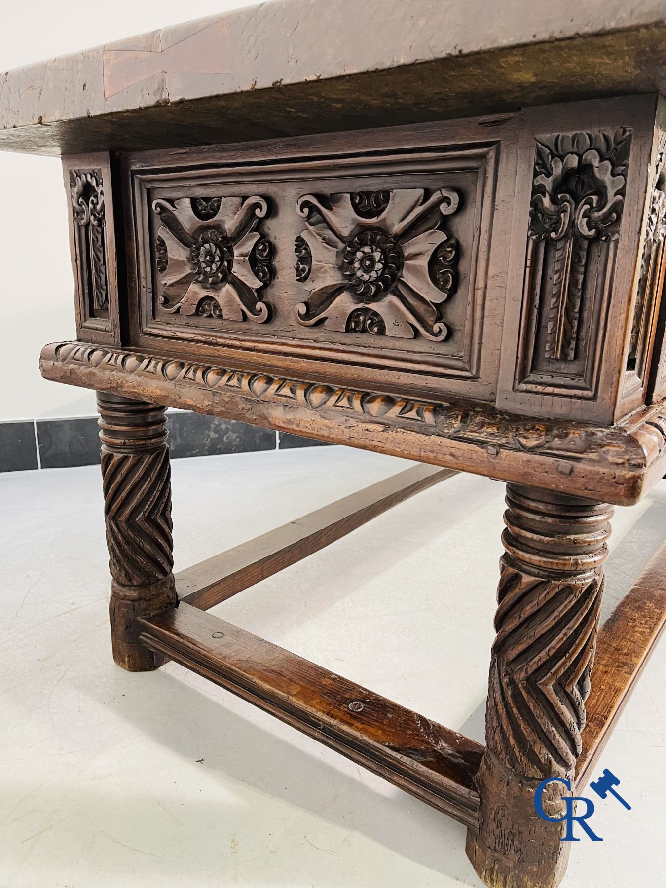 Furniture: 17th century carved walnut table with 3 drawers.