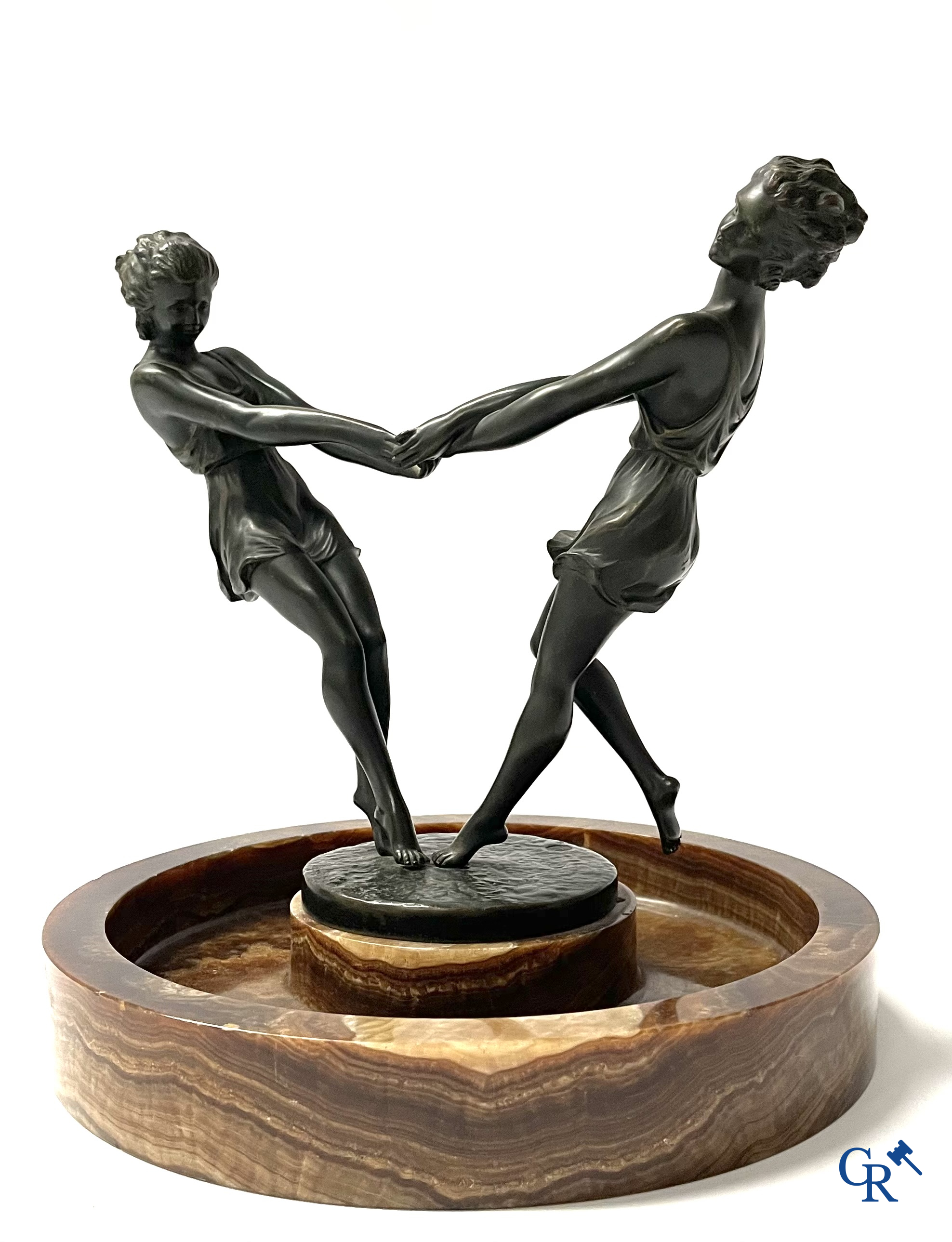 Art Deco, André Gilbert. Milieu de table in brons en onyx. Gieterij LN Paris JL. Circa 1930.