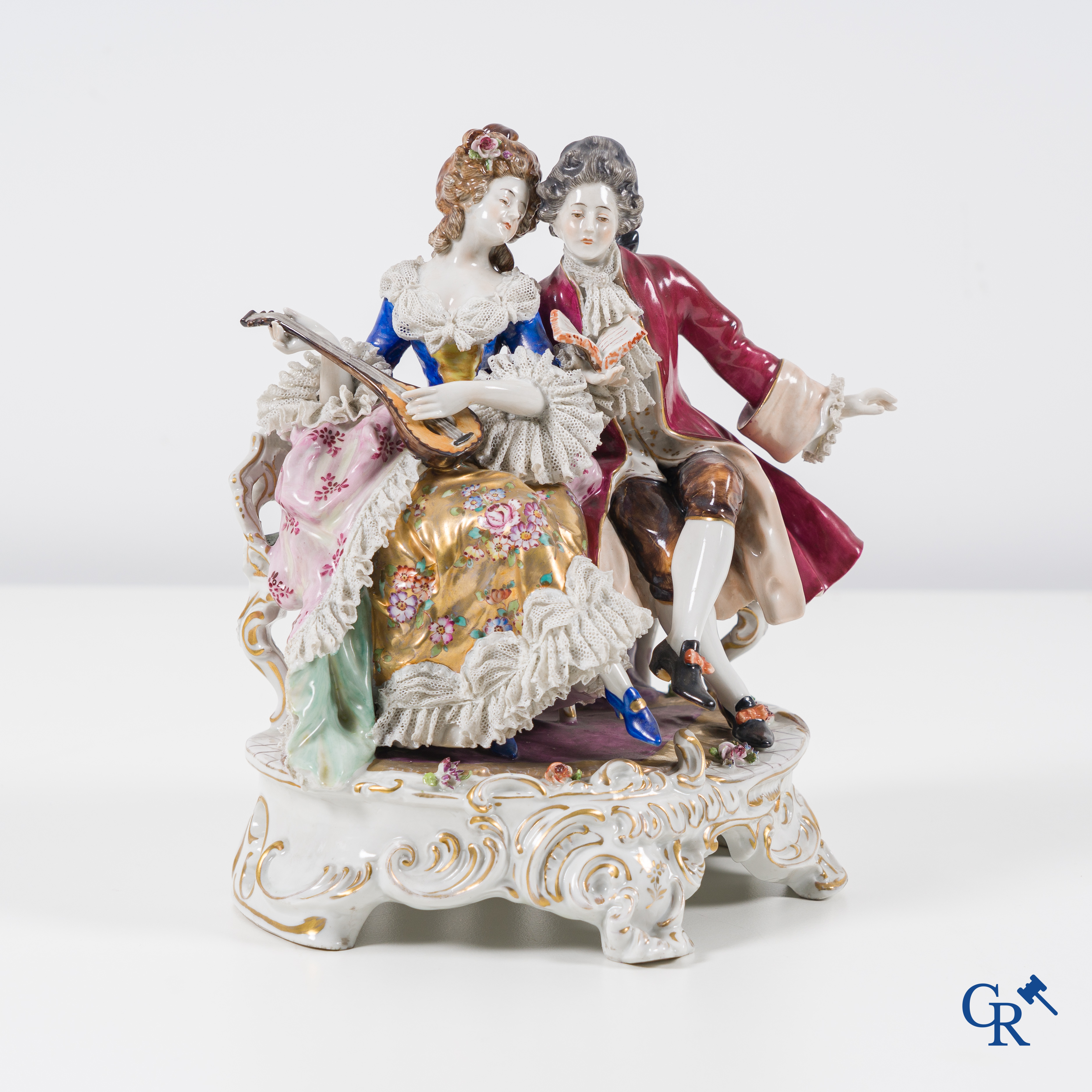 Volkstedt Rudolstadt: European porcelain, finely decorated group in lace porcelain. Music-making couple. Marked.