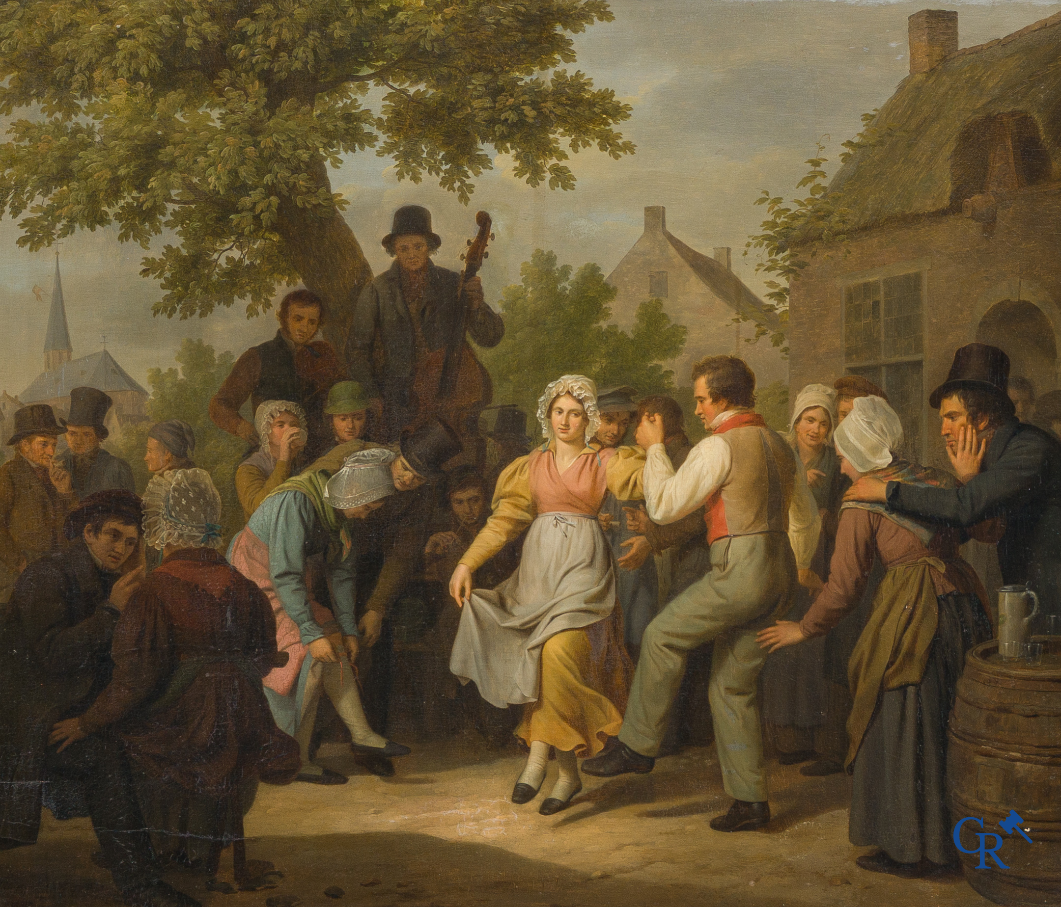 Basile De Loose (1809-1885) "Het dorpsfeest" Olie op paneel in vergulde kader. Gesigneerd B. De Loose fecit 1834.