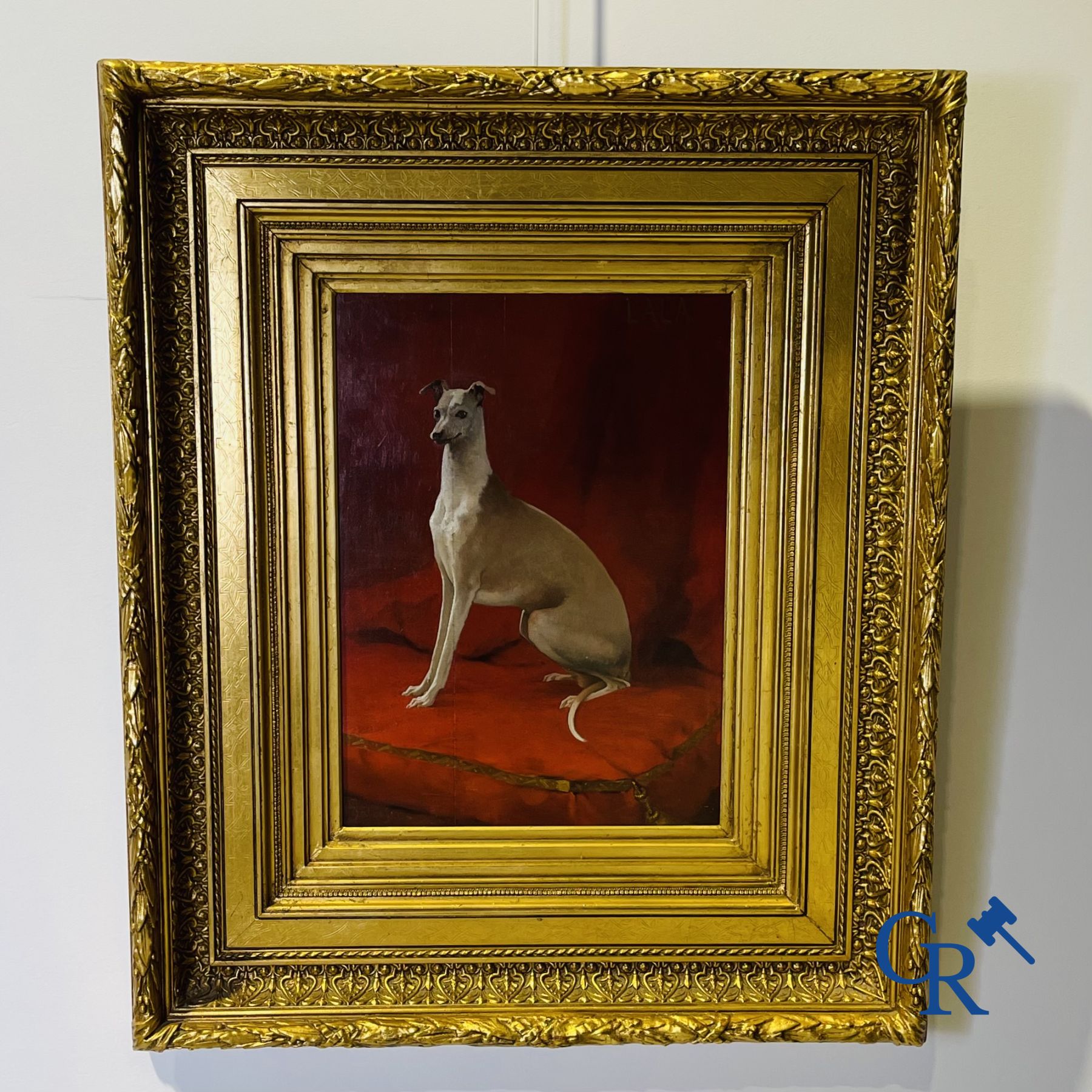 Schilderij: Hugo Frederik Salmson (1843-1894) olie op paneel. "Lala" Portret van een whippet.