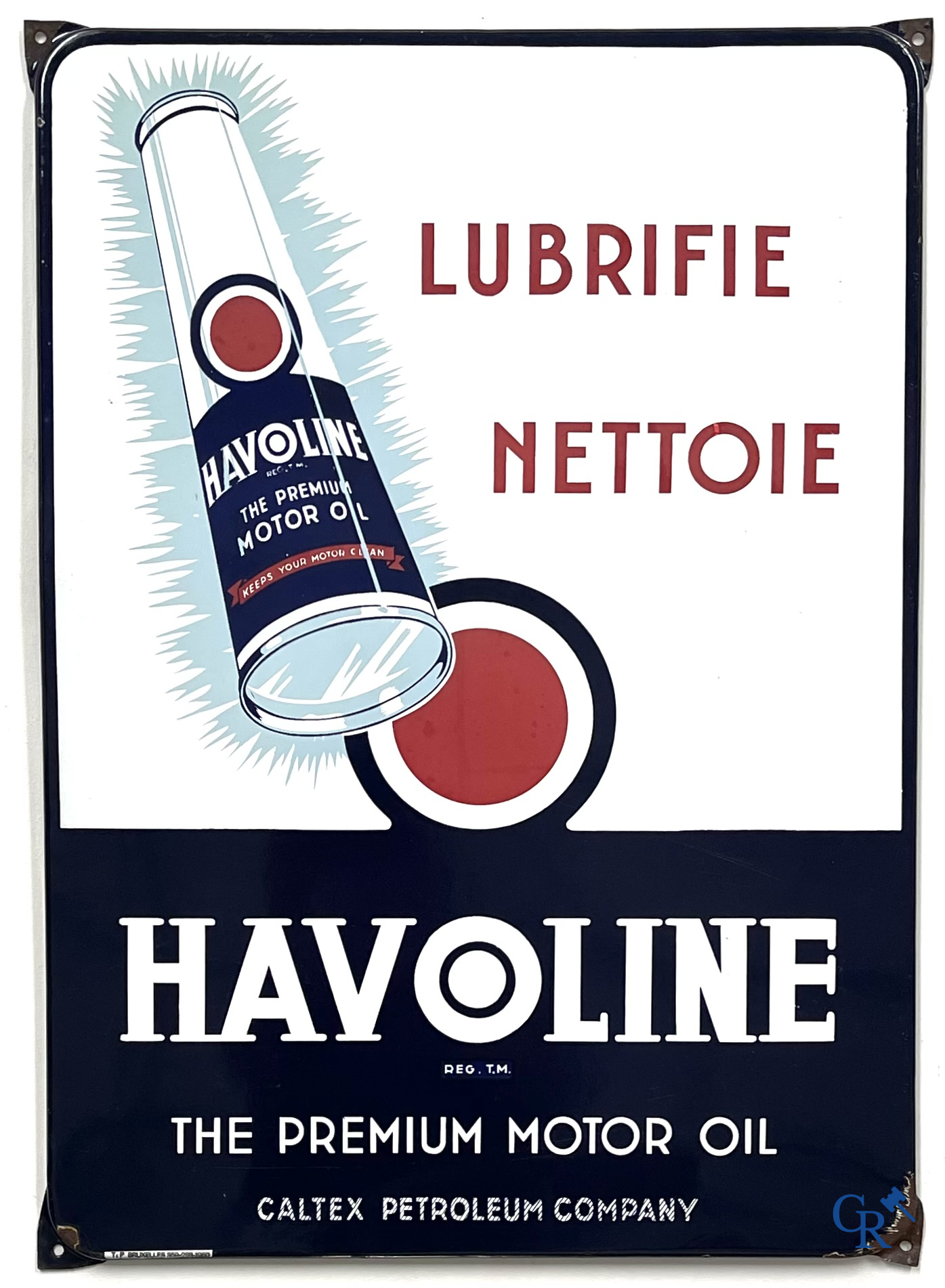 Havoline, emaille reclamebord voor motor olie Havoline van de Caltex Petroleum Company. T.P. Bruxelles 1950.