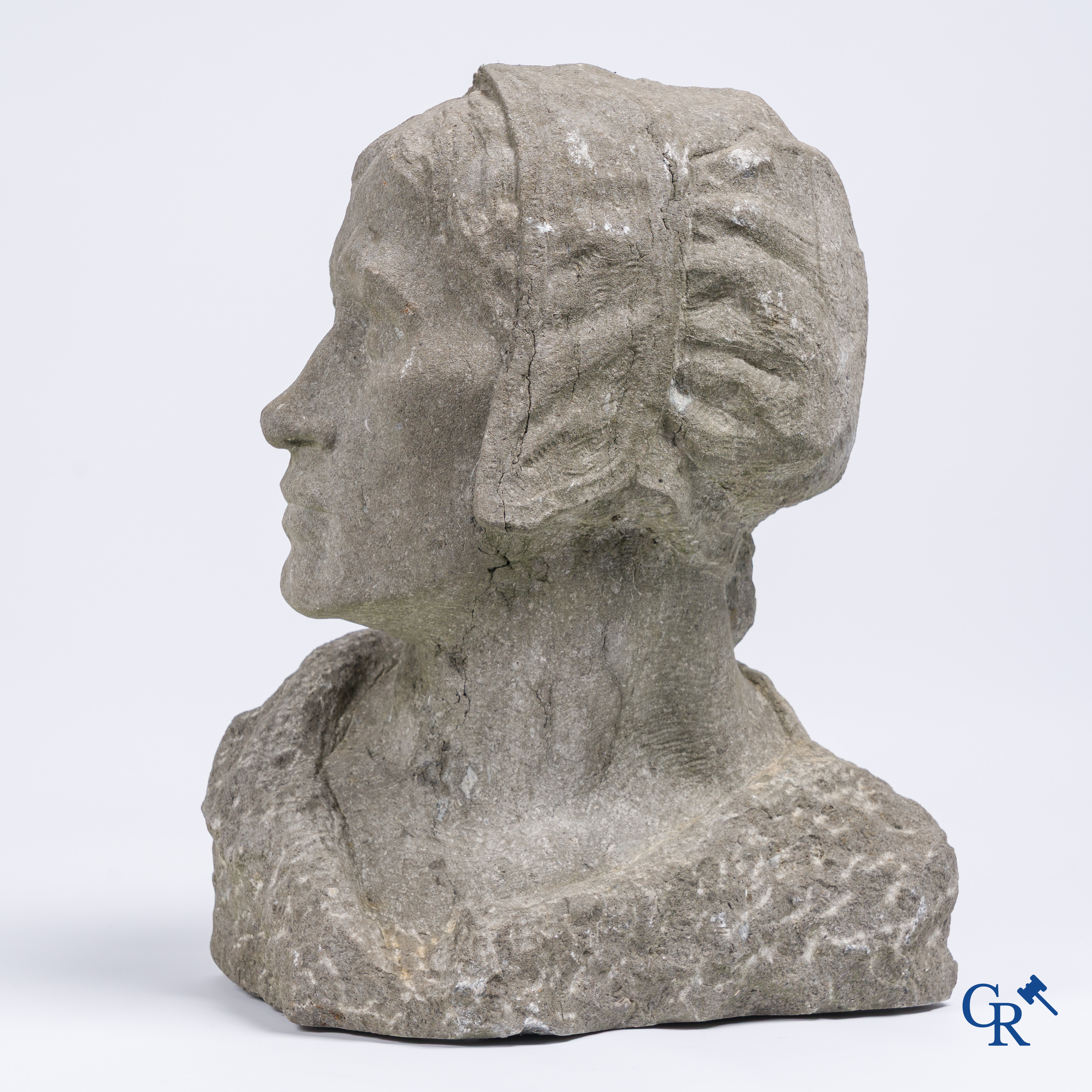 Constantin Meunier (in de stijl van). Buste in gesculpteerde Belgische blauwe hardsteen.