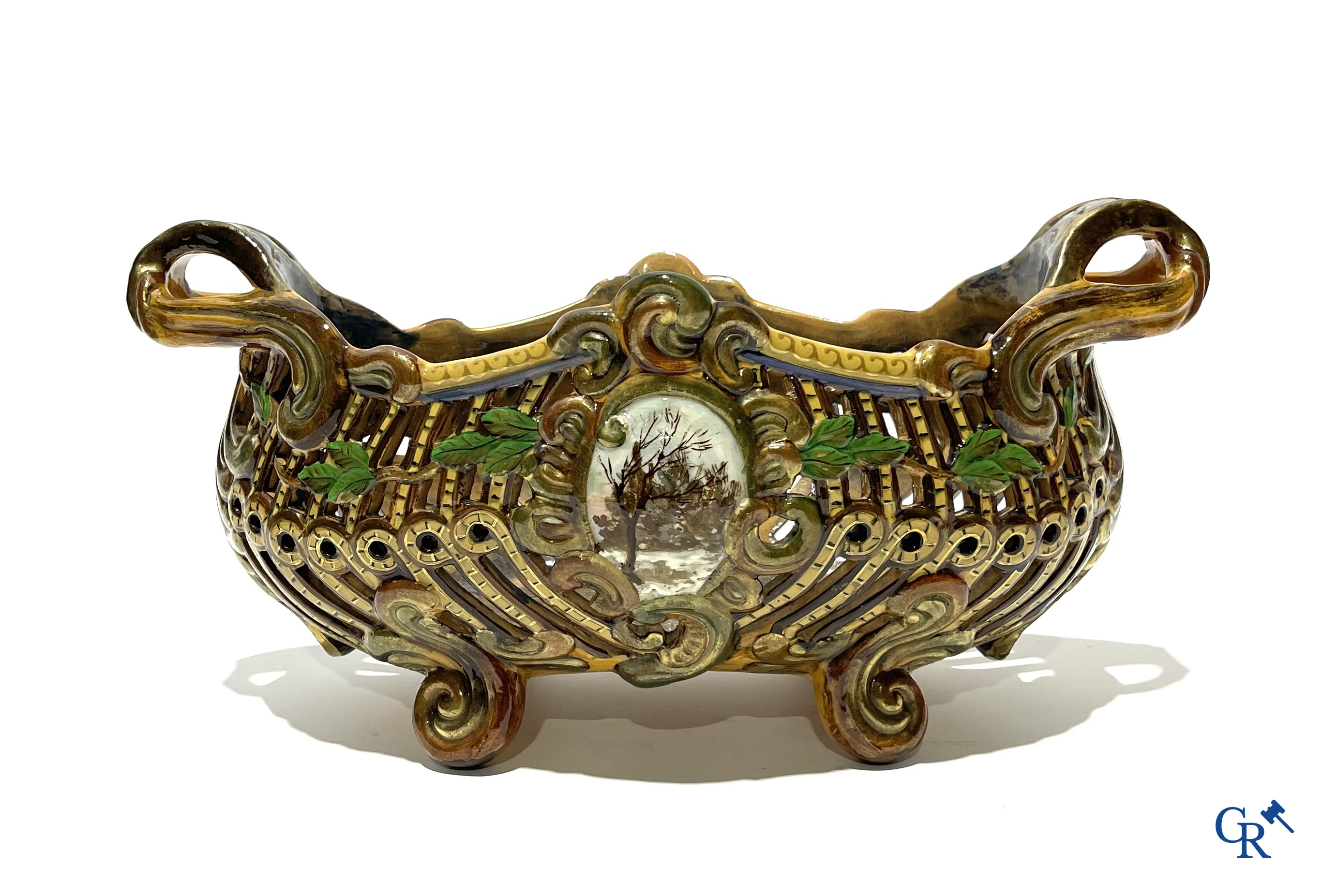 Emile Gallé Nancy, groot tafelmiddenstuk in geëmailleerde faience. Gesigneerd Gallé Nancy deposé.