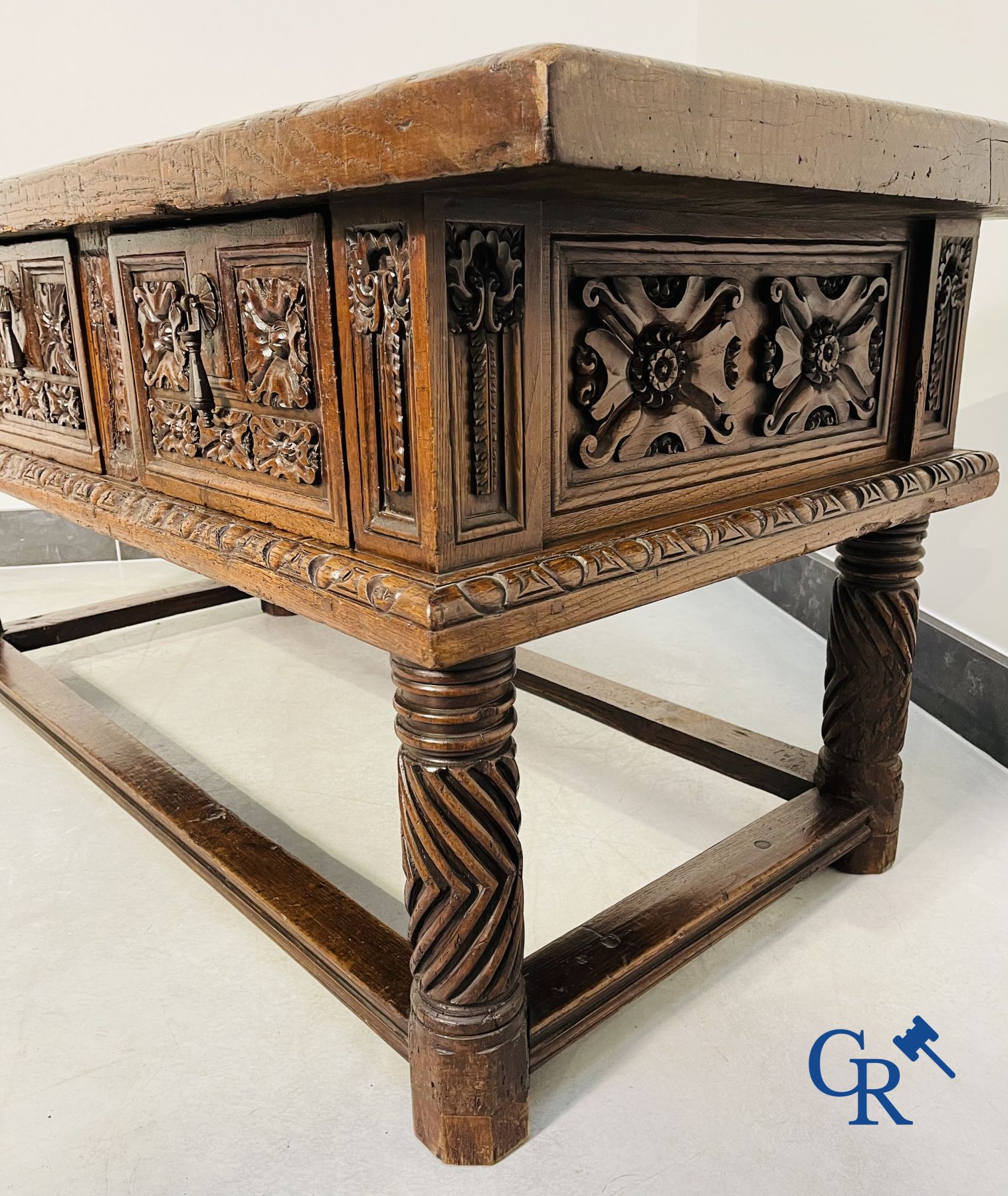 Furniture: 17th century carved walnut table with 3 drawers.