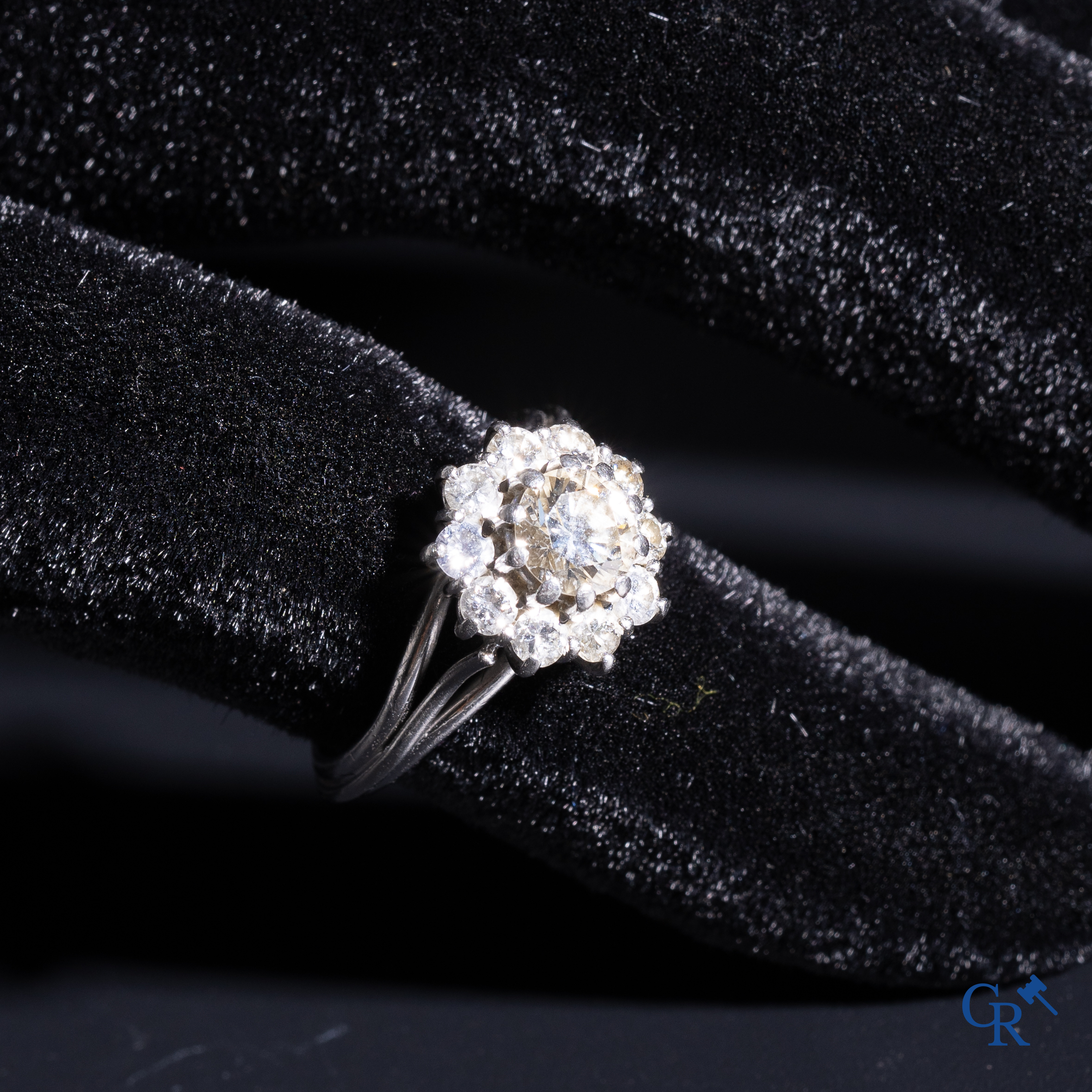 Juwelen: Een damesring in witgoud 18K (750°/00) met een centrale diamant van 0,5 ct omringd door 10 kleine diamantjes.