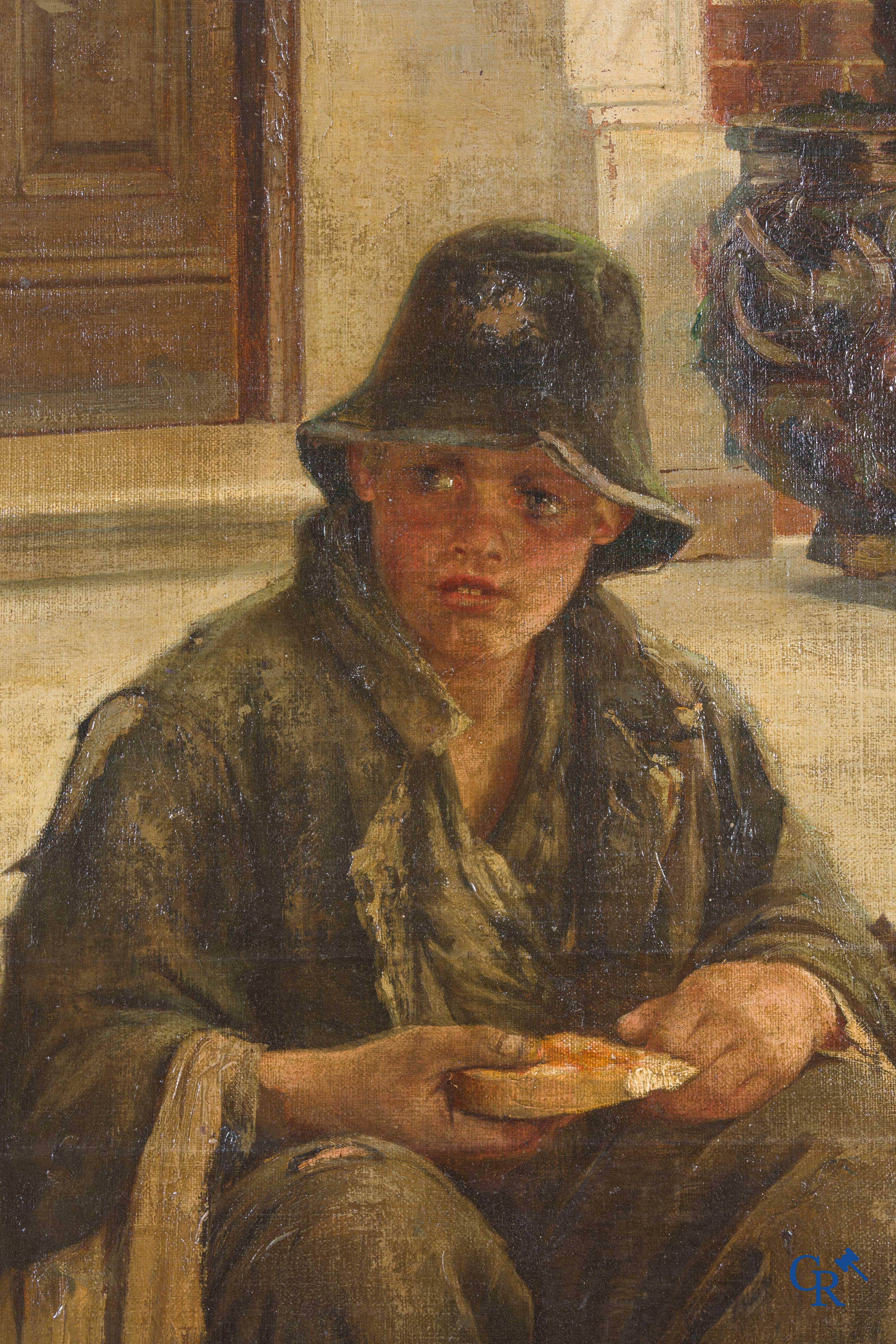 Henri Van Melle (1859-1930) "De kleine bedelaar" olie op doek, Gesigneerd.