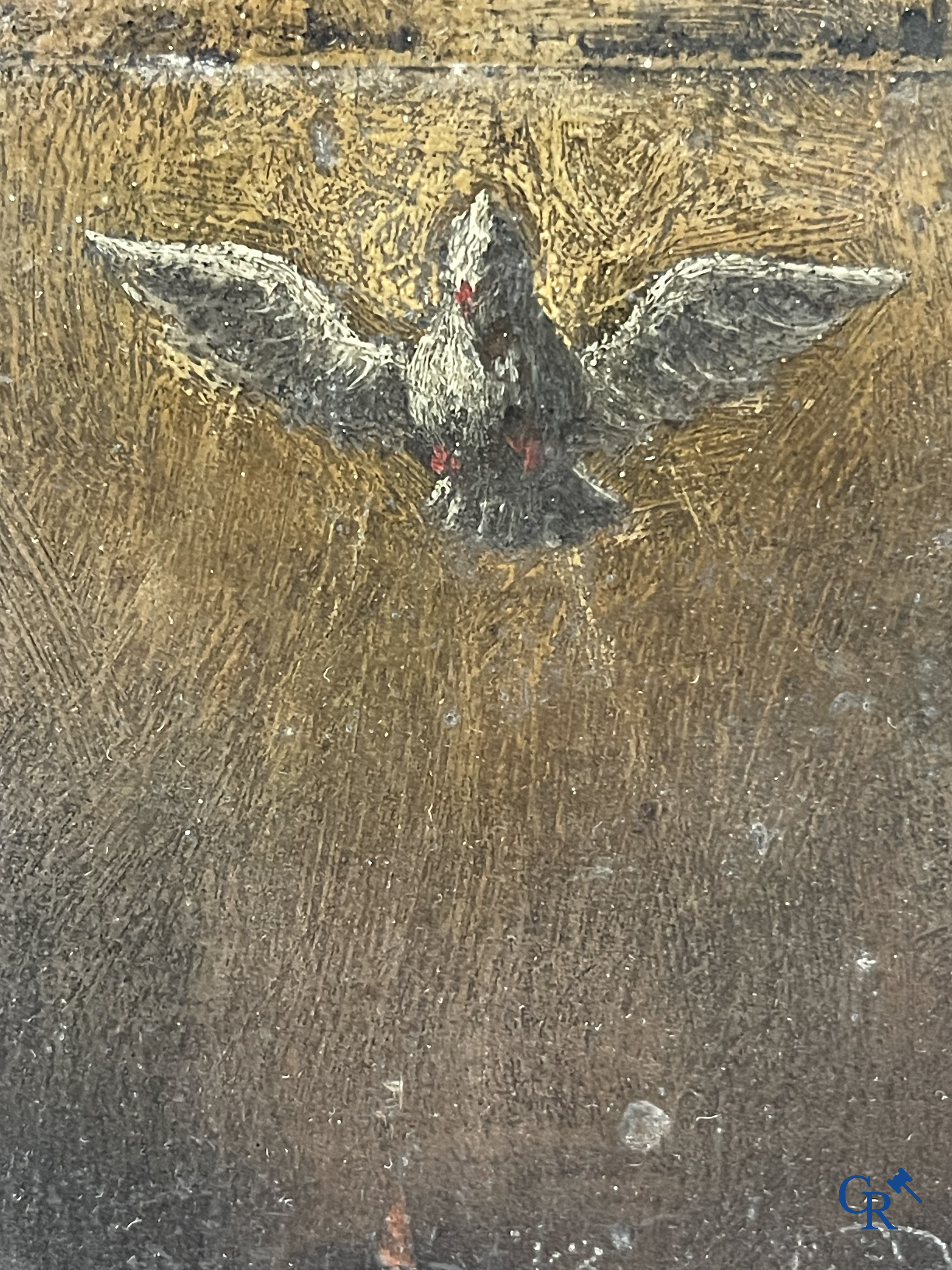 Peinture religieuse, La descente du Saint-Esprit. Huile sur panneau. On y joint un bol à couvercle en argent 900°/00.
