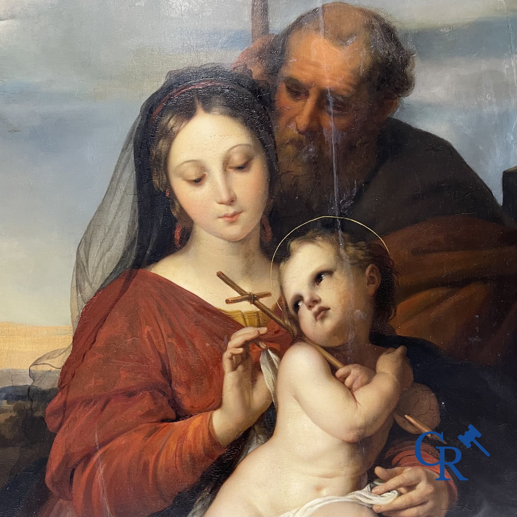 Peinture : Lambert Mathieu (Bury 1804 - Louvain 1861) Sainte Famille dans le gout de Raphaël Sanzio. Huile sur panneau.