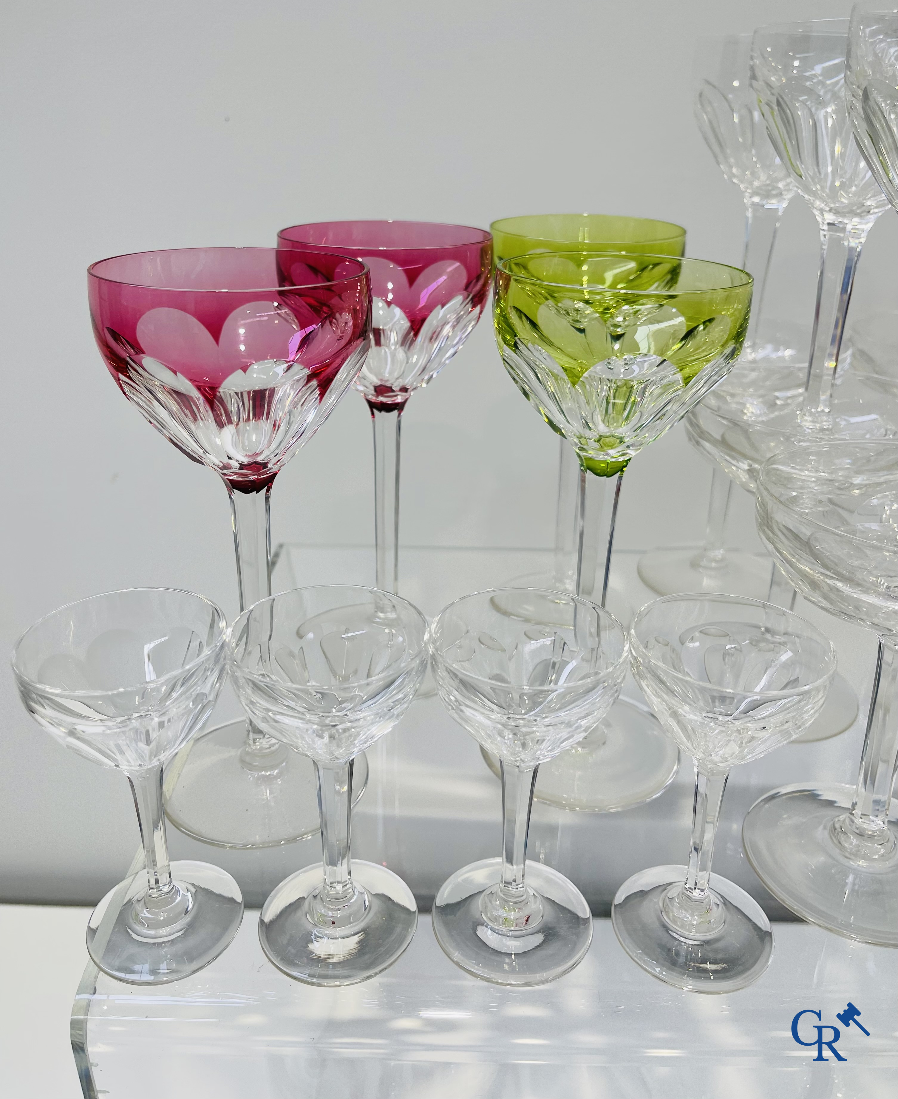 Val Saint Lambert. Large lot of glasses in crystal, 2 carafes and 6 cups added.