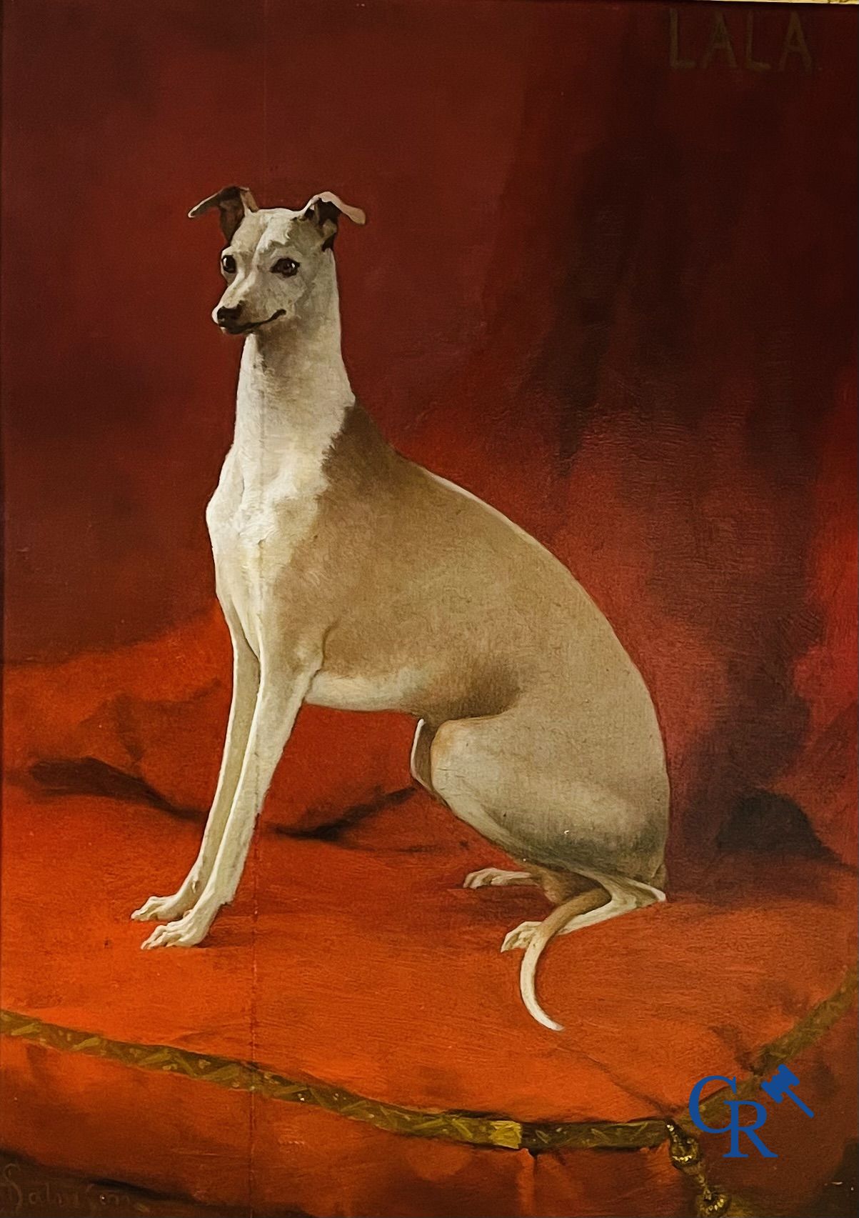 Painting: Hugo Frederik Salmson (1843-1894) oil on panel. "Lala" Portrait of a whippet.