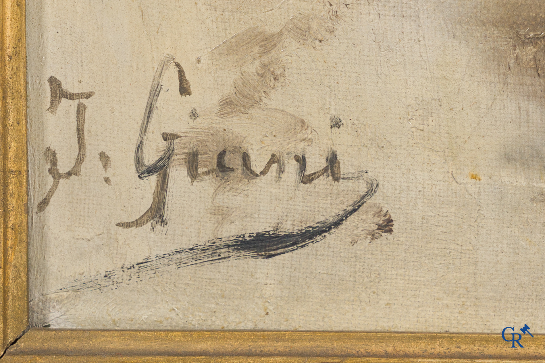 J. Giani, paysage hivernal avec des personnages. Huile sur toile dans un beau cadre doré. Signé en bas à gauche. Vers 1900.