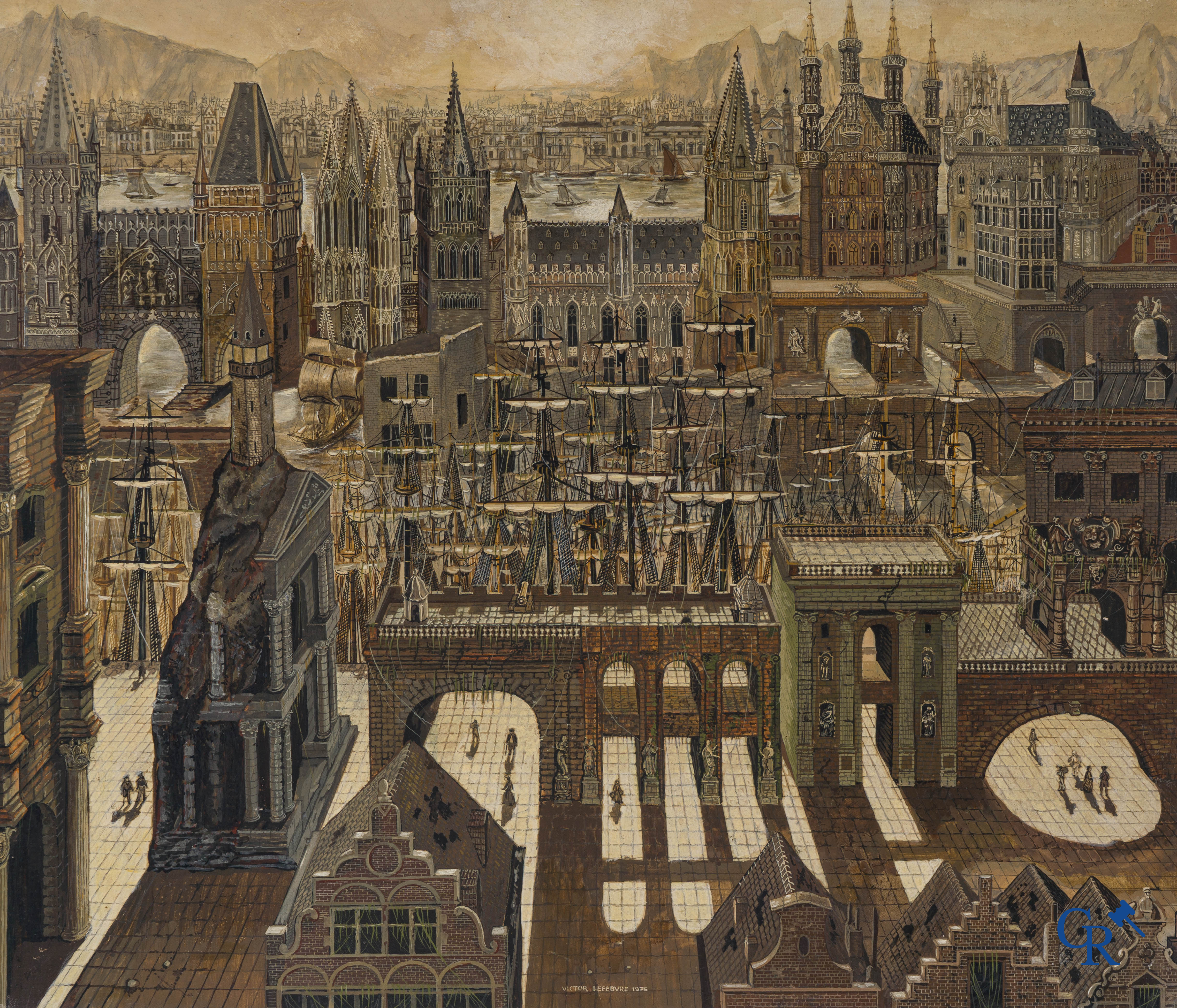 Victor Lefebvre (1912-1998) View with different architectural elements, architectural styles and boat masts. 1975.