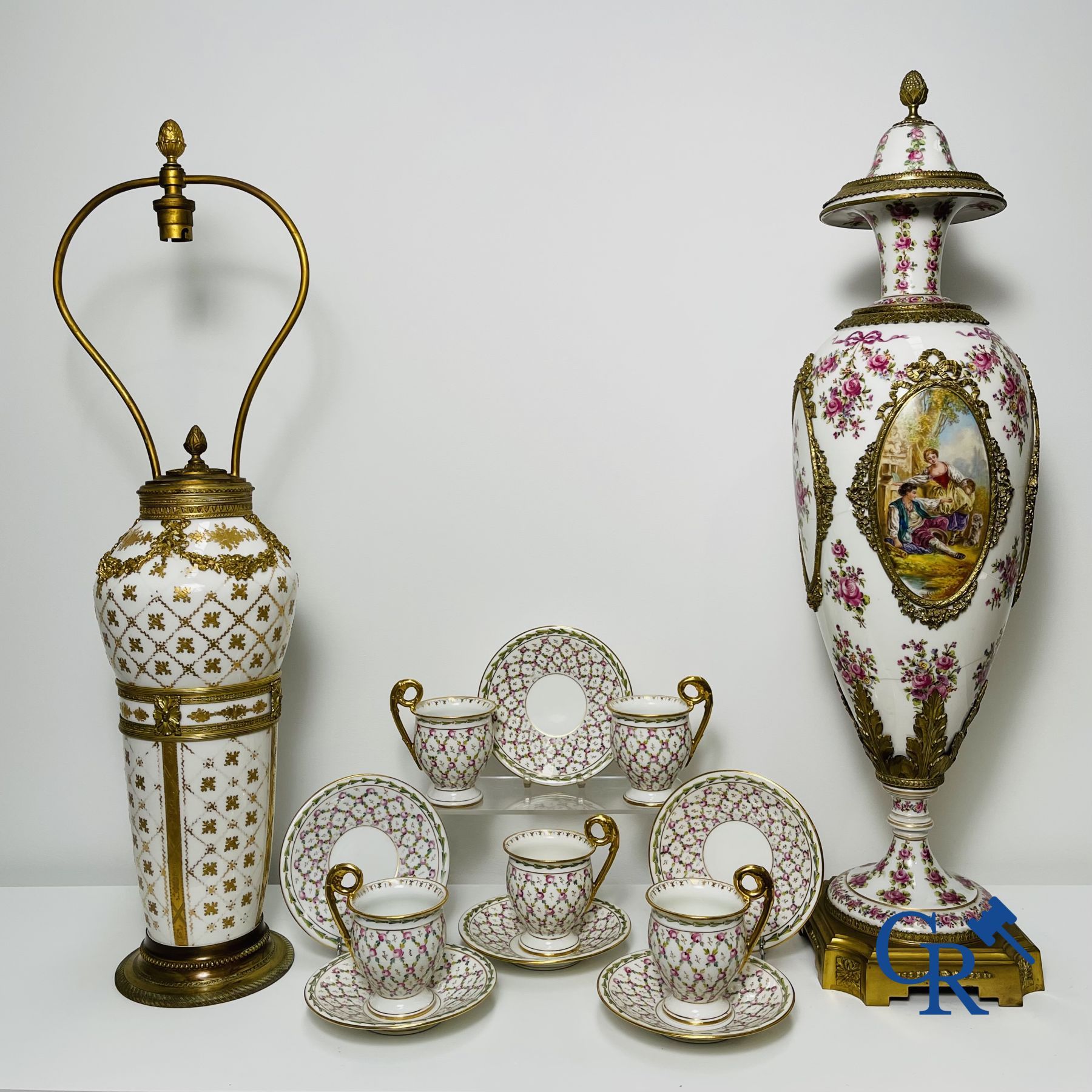 Porcelain: Sèvres: Lot consisting a vase, a lamp and part of a tea set.