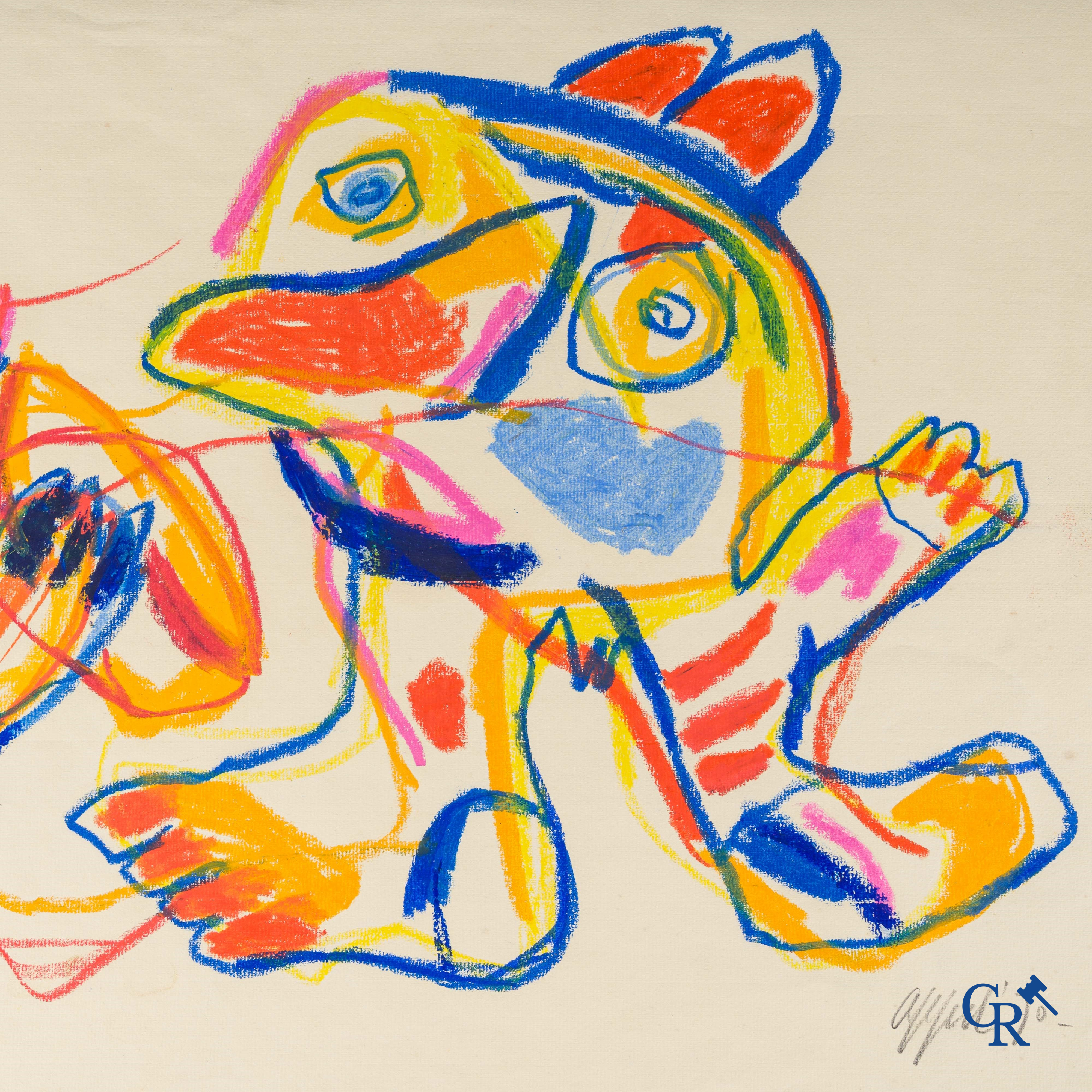 Karel Appel (1921-2006)(*) 2 Figures. Wasco (crayon de cire) sur papier. Signé en bas à droite Appel'70.