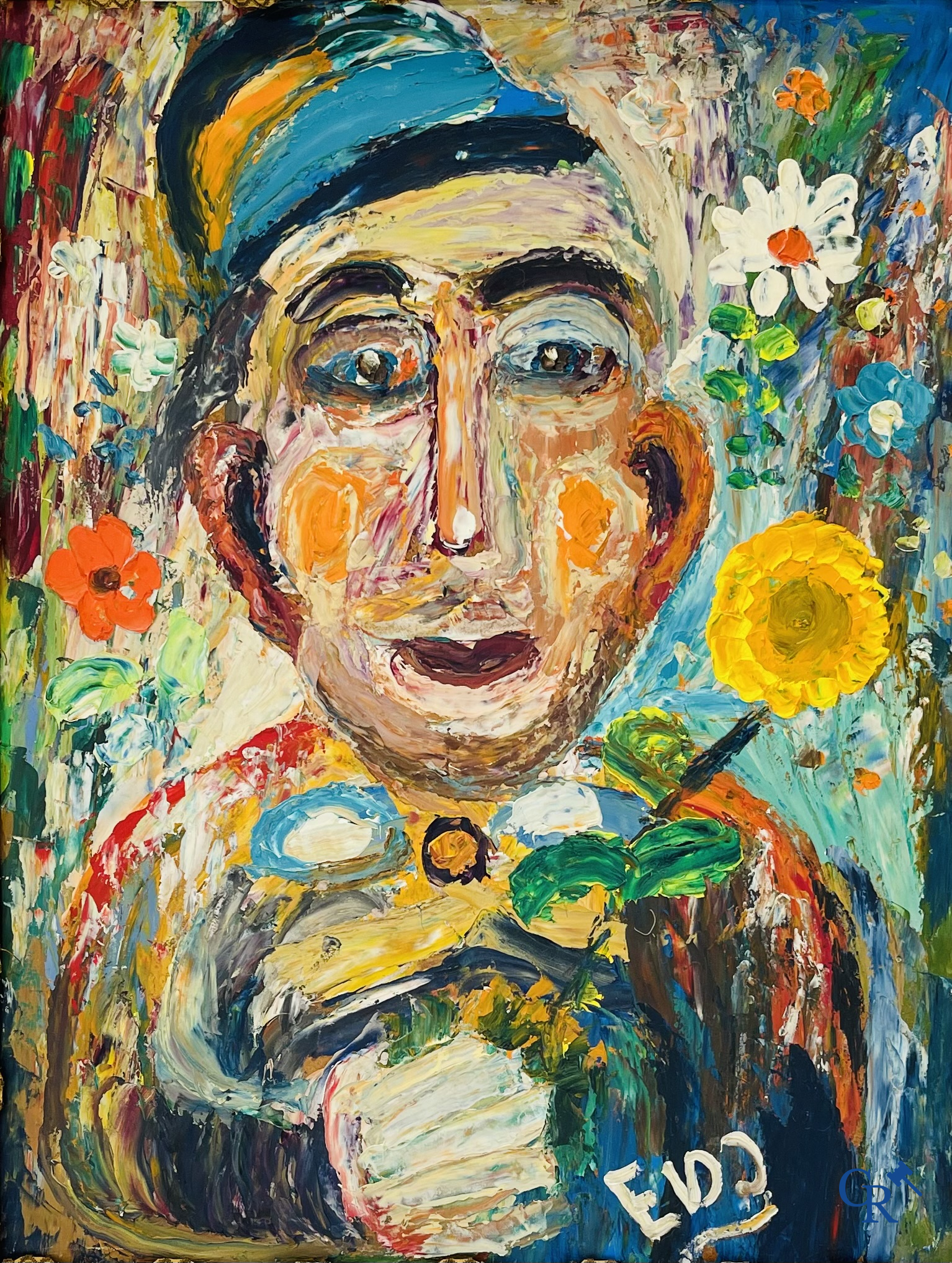 Ernest Van Den Driessche. Man with flowers. oil on hardboard. Monographed Evdd.