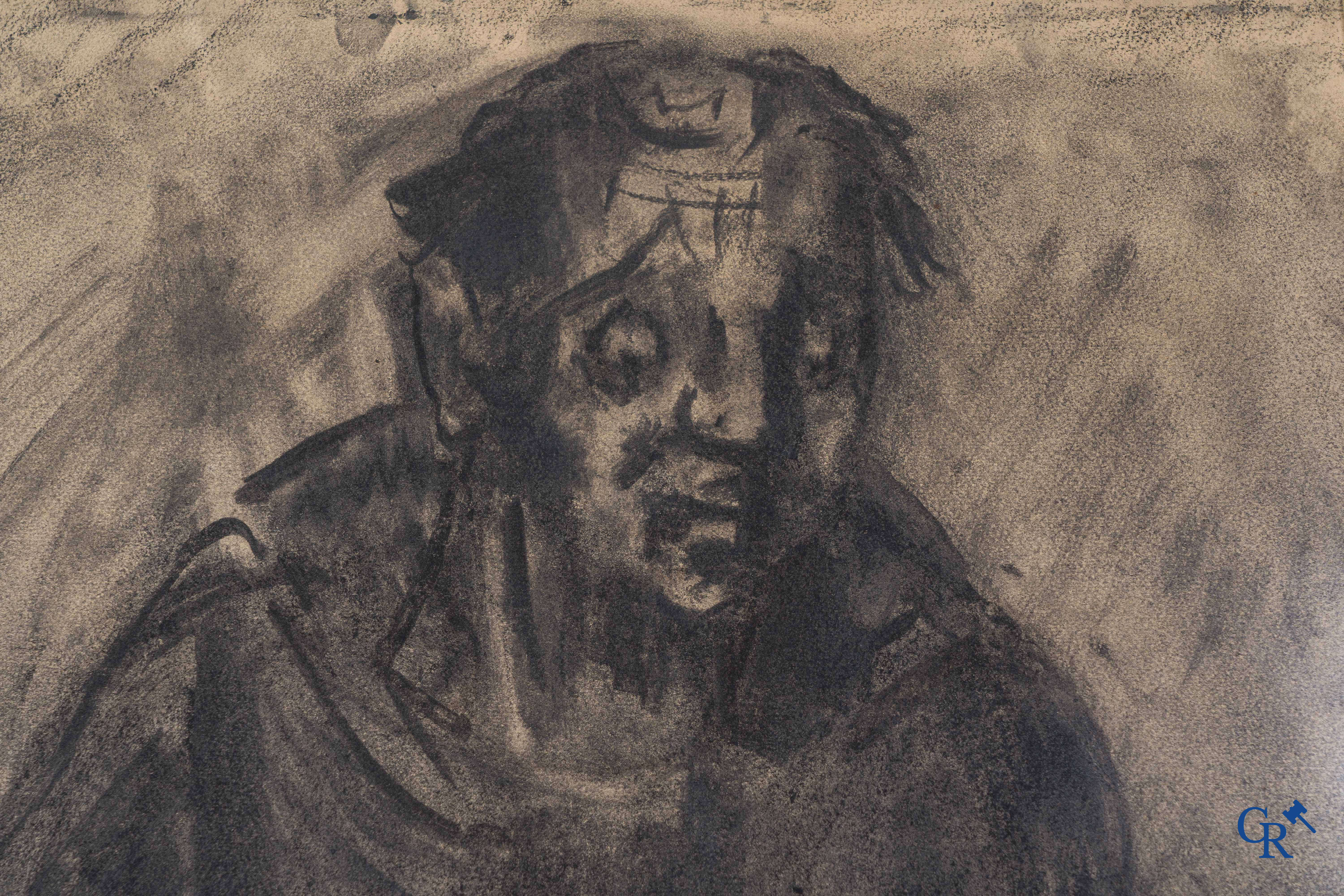 Albert Servaes (1883-1966) Saint Francis. Charcoal on paper.