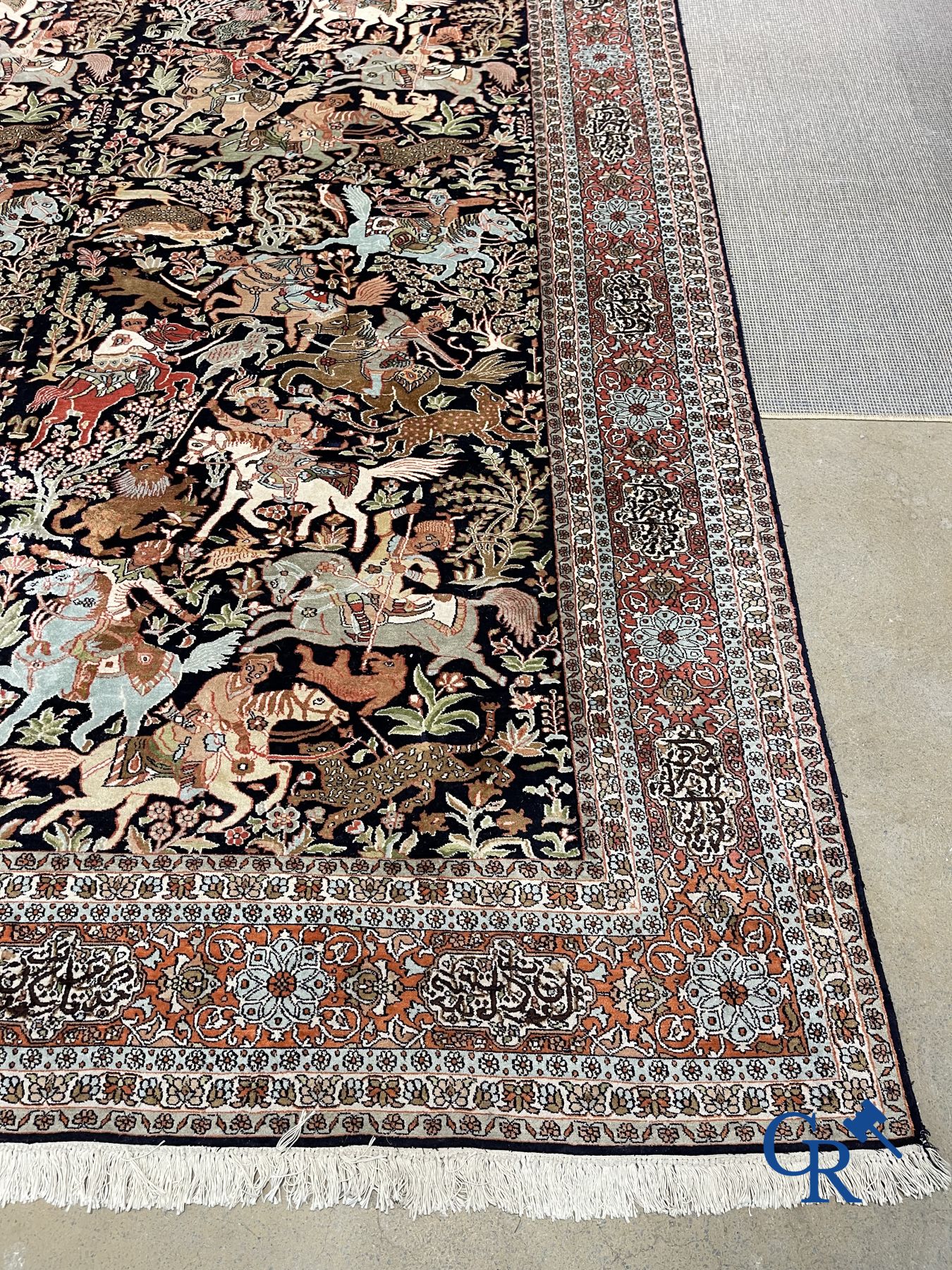 Carpets: Ghoum: Large silk carpet with hunting scenes. Wool and silk.