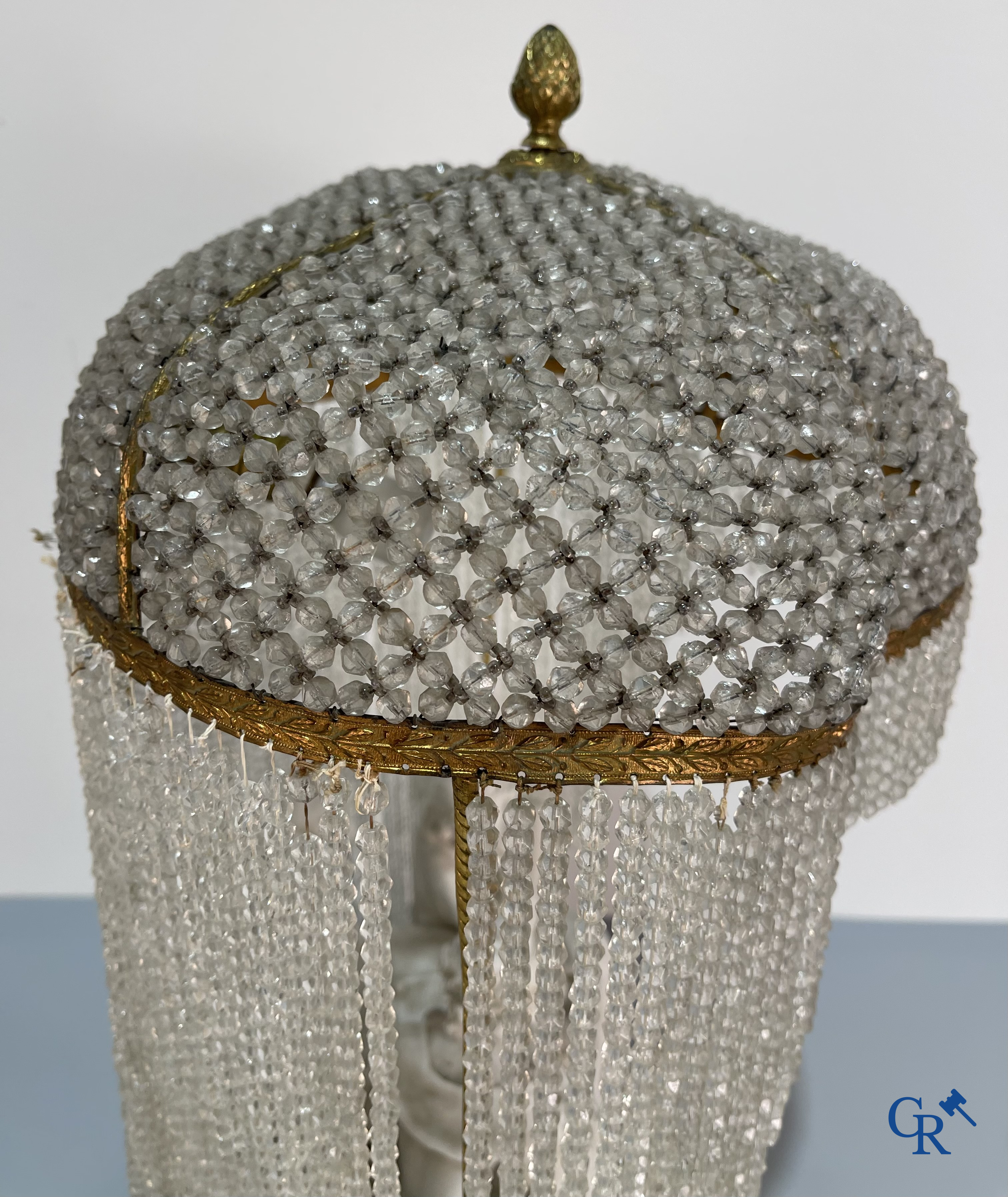 European porcelain, Karel Ens Volkstedt, a large lamp in biscuit and bronze, LXVI-style. Marked. Around 1920.