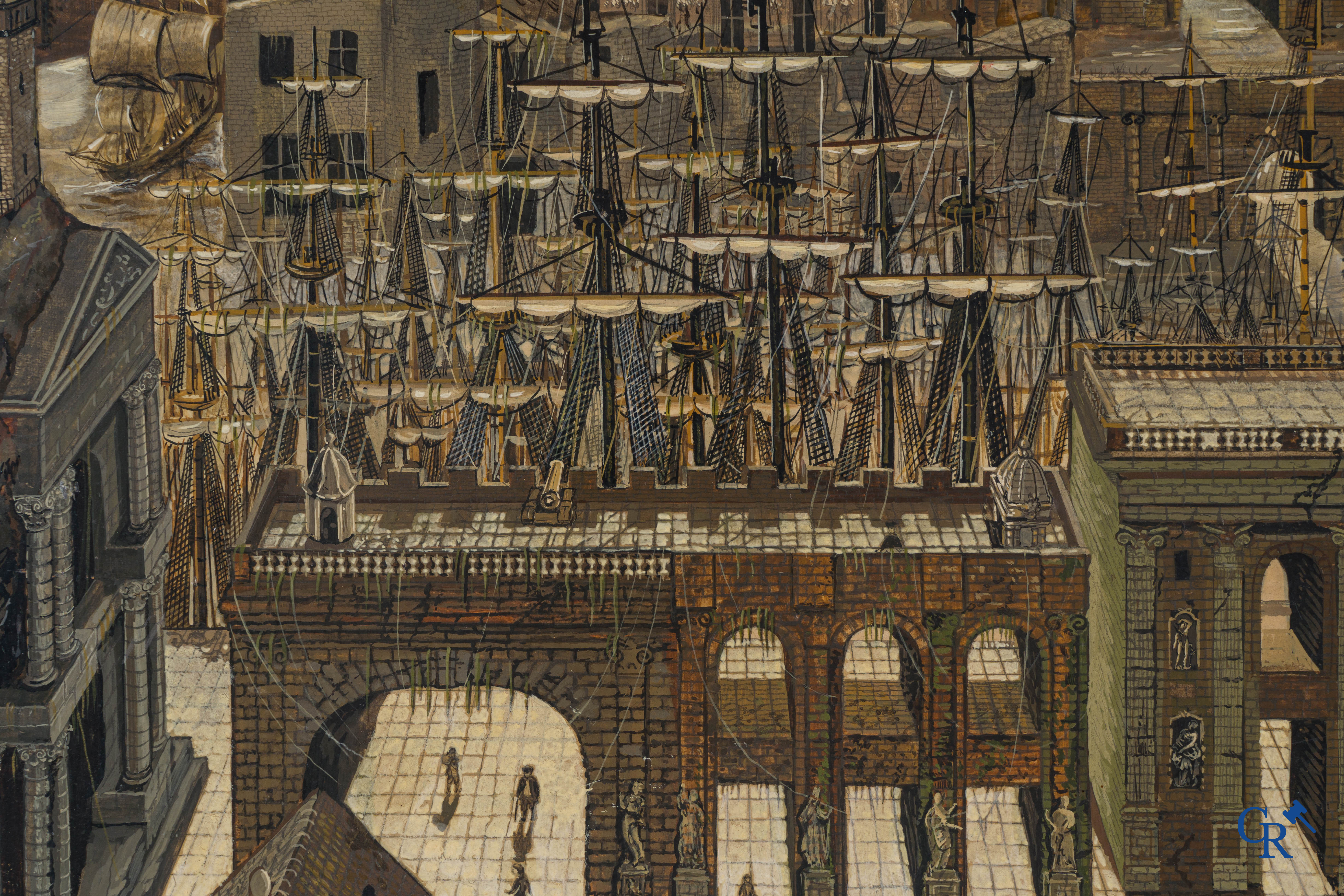 Victor Lefebvre (1912-1998) View with different architectural elements, architectural styles and boat masts. 1975.