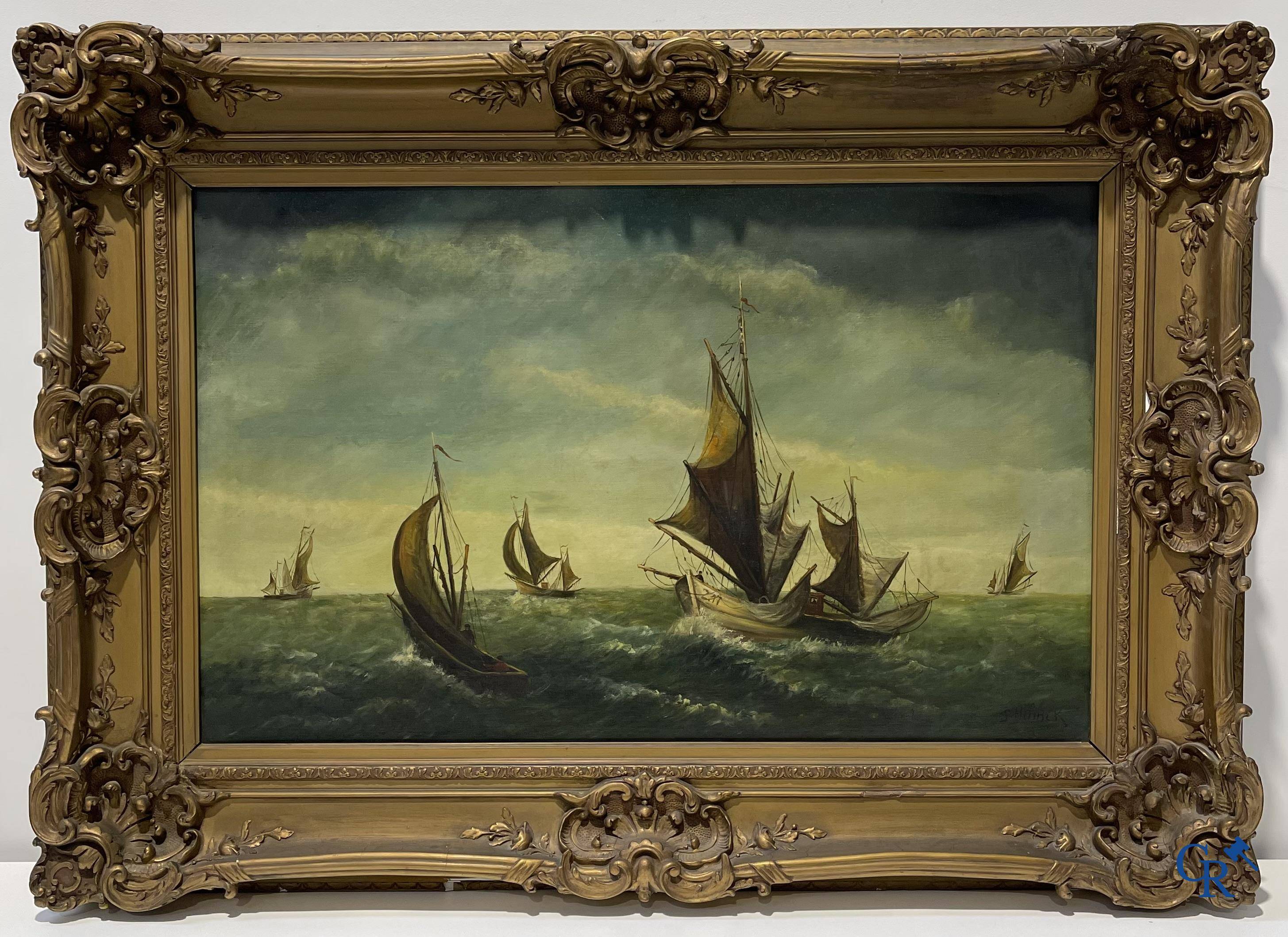 Gustave Helinck (1884-1954) Groot marineschilderij in een rijkelijk bewerkte kader.