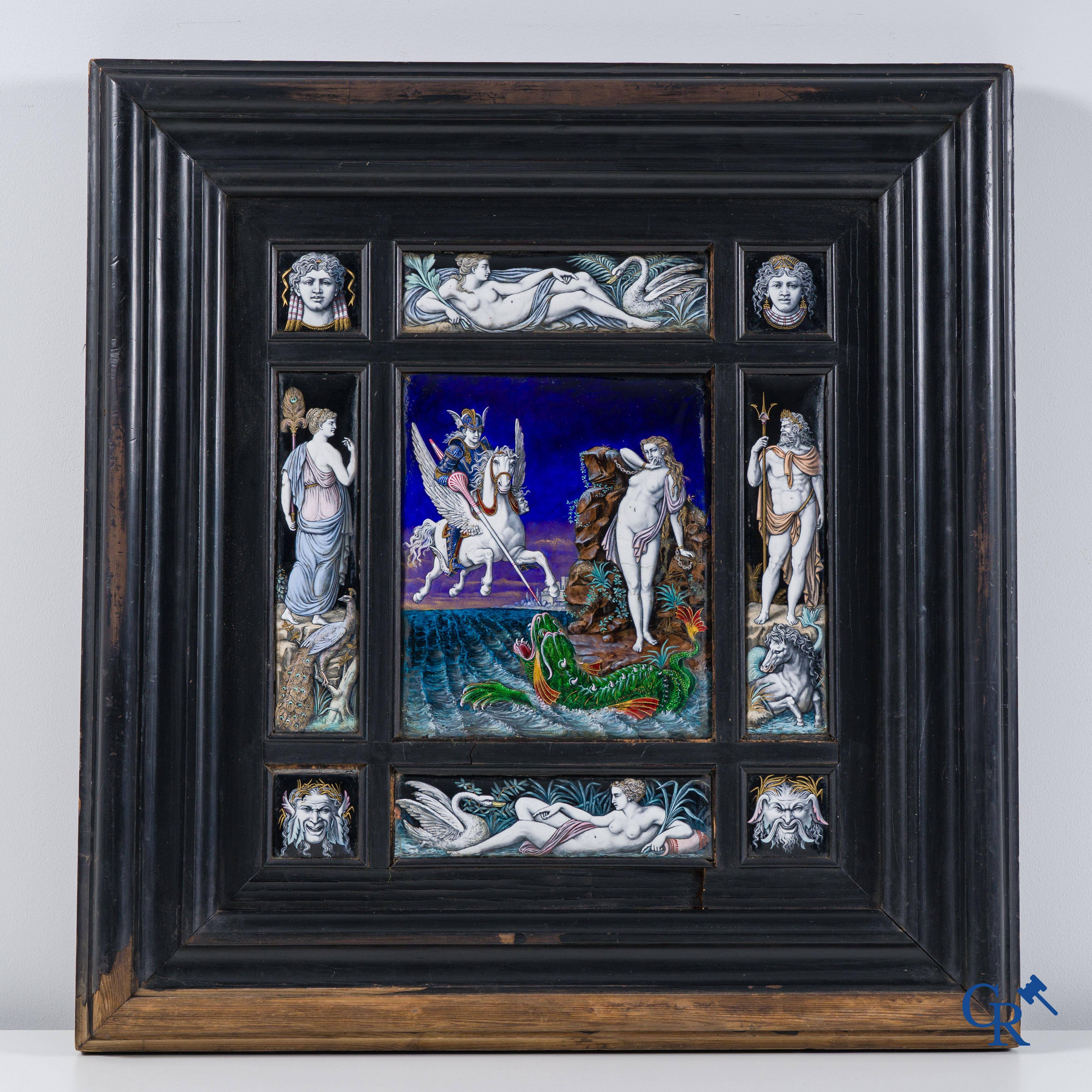 Limoges. Large frame in ebony veneer with 9 enamelled representations on copper. 18th-19th century.